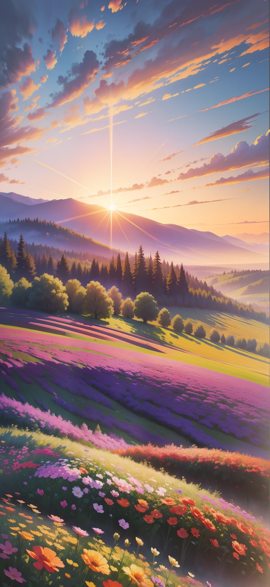 With huge flowers, flower fields hills, large trees, dramatic sunrise light, impressionist painting, colorful clouds, digital painting, pointillism, art station, 8K