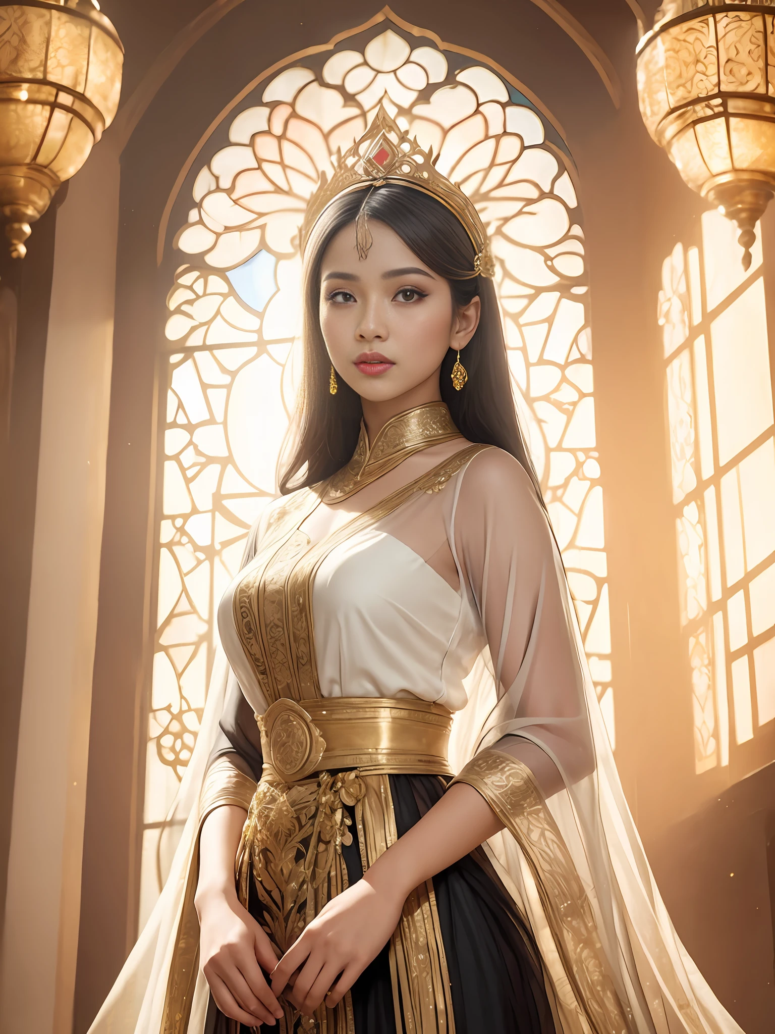 ((Masterpiece)), Exotic potrait of beautiful mira filzah, half body, editorial pose, holding keris, malay women, malay traditional headpiece, sheer black n gold coloured kebaya, highly decorated covered sheer dress, bright light, dramatic lighting, majestic lighting, no cleavage, mira filzah, dreamy retro photograph, in highly decorated ancient malay palace, light leak, songket, malay, coloured stained glass window light