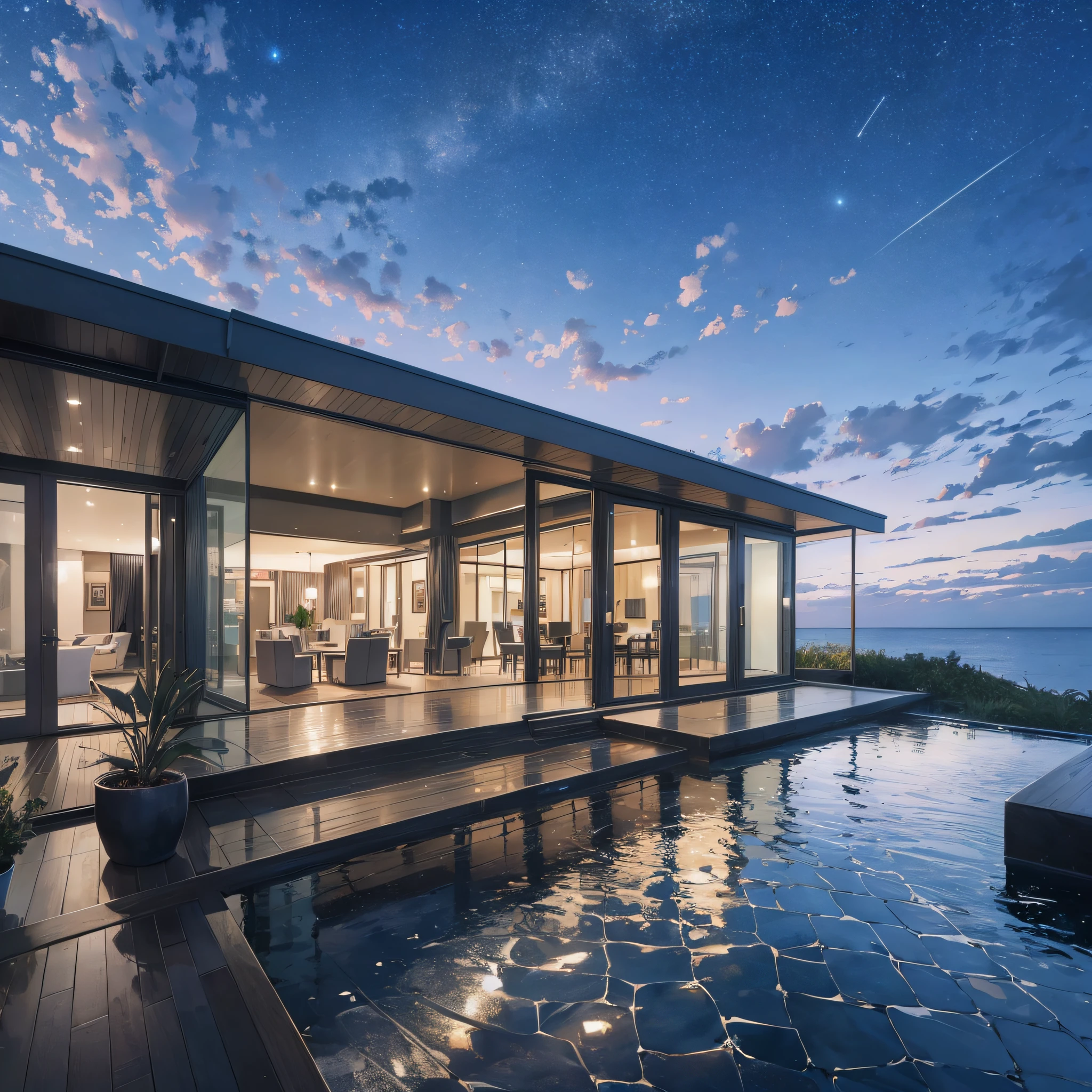 Luxury modern residences with large floor-to-ceiling windows, starry night sky, coast, sandy beach --auto --s2