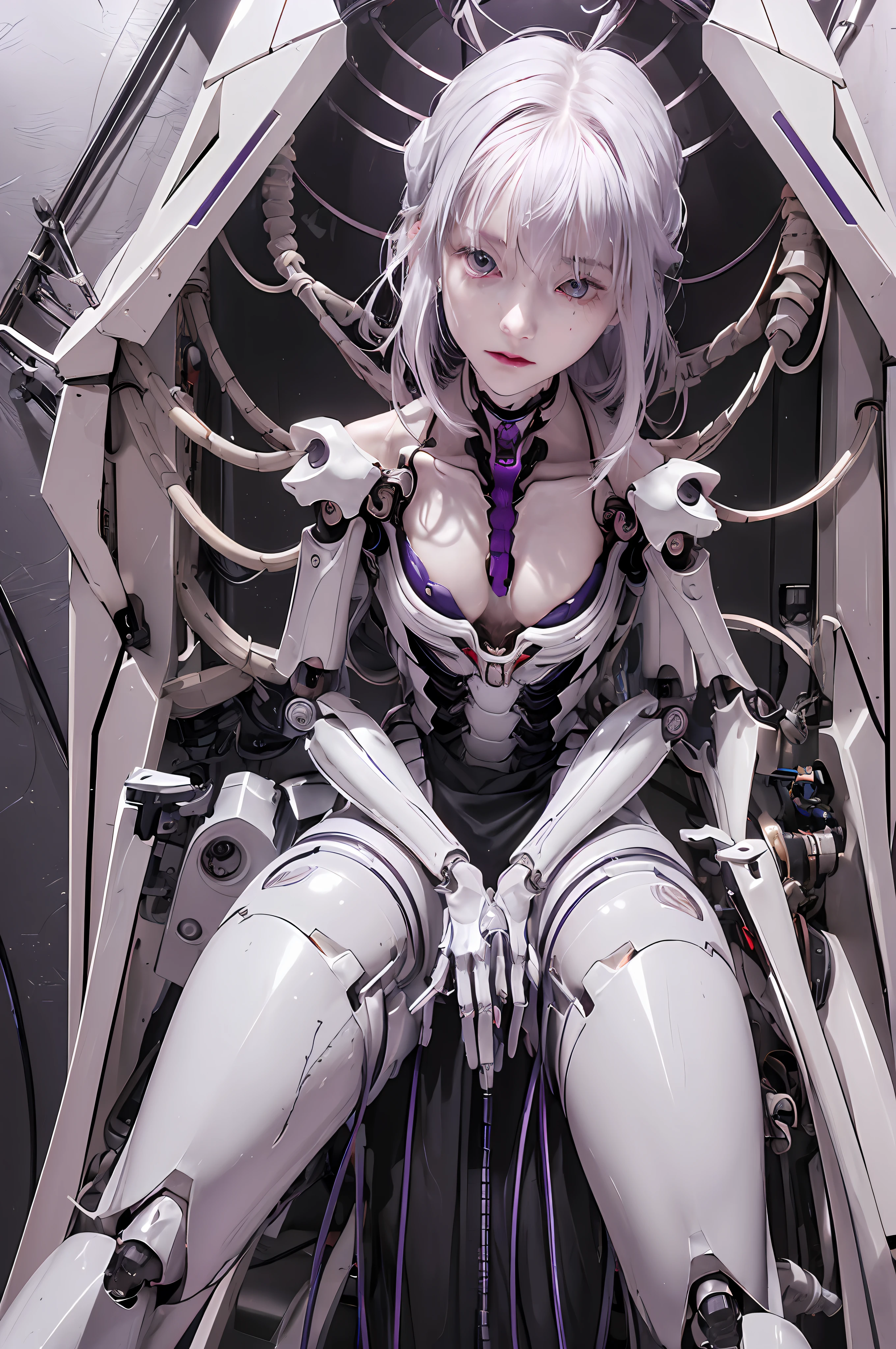 (((Masterpiece)))), (((highest quality)))), ((Ultra Definition)), (Very Detailed Photoreality), (((Very Delicate and Beautiful)), (Delicate and Pretty Face), Cinematic Light, (((1 Machine Girl)), Solo, Full Body, Big, Cleavage Is Visible Skin, White Hair, Purple Eyes, Luminous Eyes, (Mechanical Joint: 1.4), (Mechanical limbs)), (Blood vessels connected to tubes), (( Mechanical vertebrae attached to the back)), ((Mechanical cervical vertebrae) attached to the neck)), (((sitting)), expressionless, (wires and cables attached to the head and body: 1.5), (character focus), small LED lamps on the body, Evangelion, SF, metallic, detailed neon