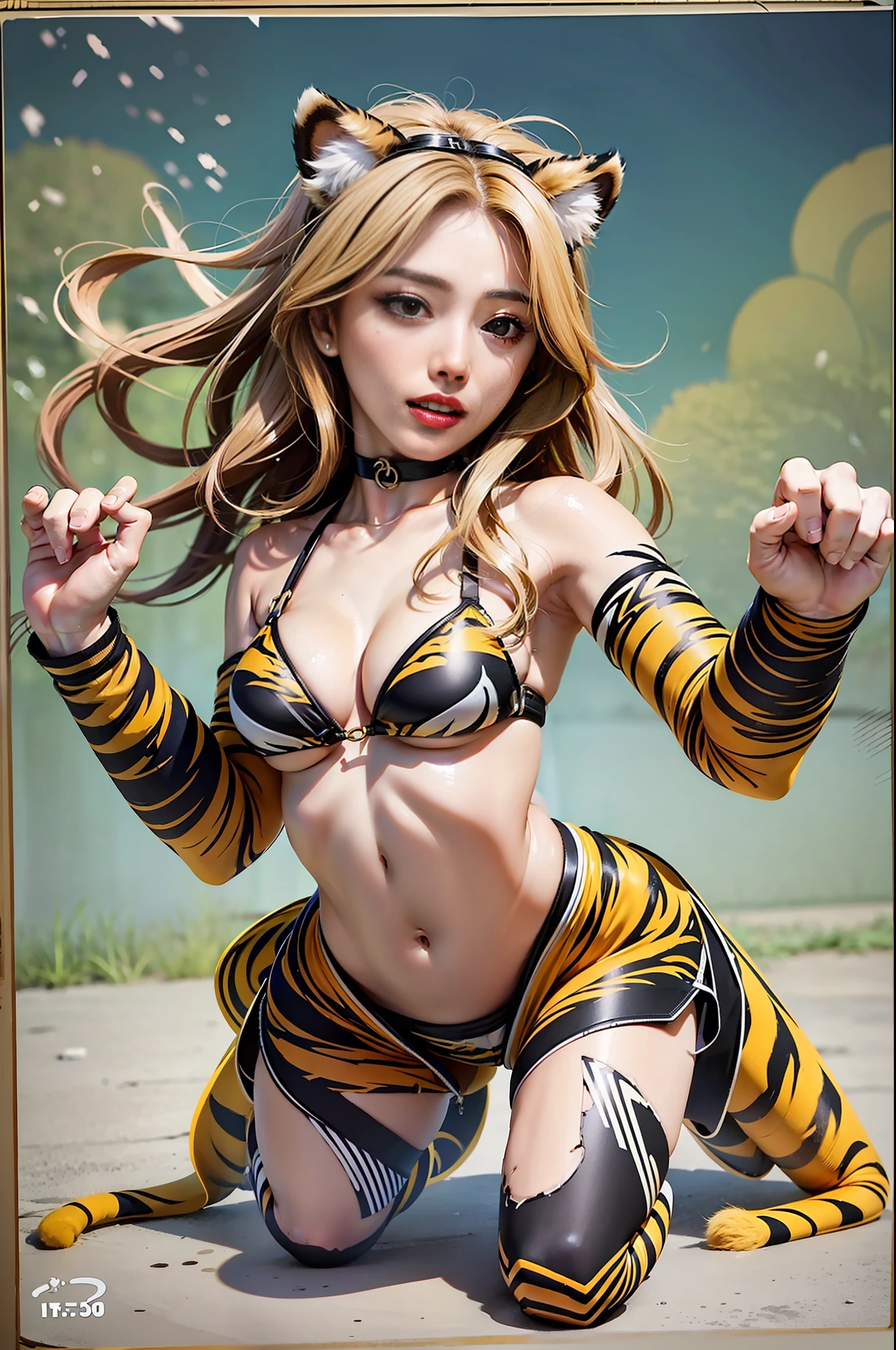 master-piece,hyper quality, hyper detailed,perfect drawing,1 beautiful girl, tiger print bikini, tiger ears, tiger tail, tiger palm, tiger paws, tiger fingers, sharp claws, sharp fangs, hunter's eyes aiming at prey, black and blonde mesh, sharp eyes, height 177cm, three sizes B95W60H90, kneeling, pow pause