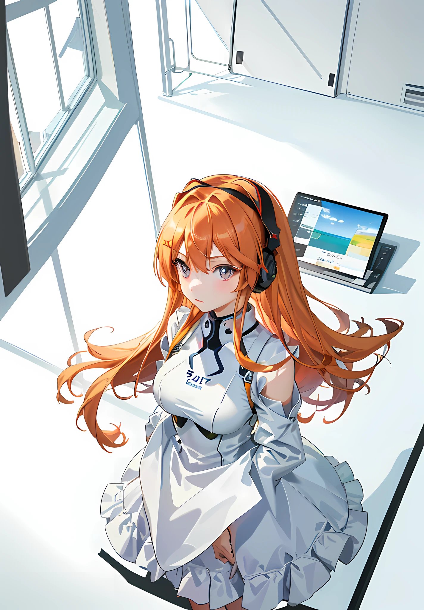 (Overhead view),dynamic angle,ultra-detailed, illustration, close-up, straight on, 1girl, 
 ((souryuu asuka langley, interface headset, red bodysuit:1.4, blonde)),Her eyes shone like dreamy stars,(glowing eyes:1.233),(beautiful and detailed eyes:1.1),(expressionless,closed mouth),(standing), 
(mechanic room with toolsand spaceship windowin a white SPACESHIP),
(night:1.2),dreamy, [[delicate fingers and hands:0.55]::0.85],(detail fingers),