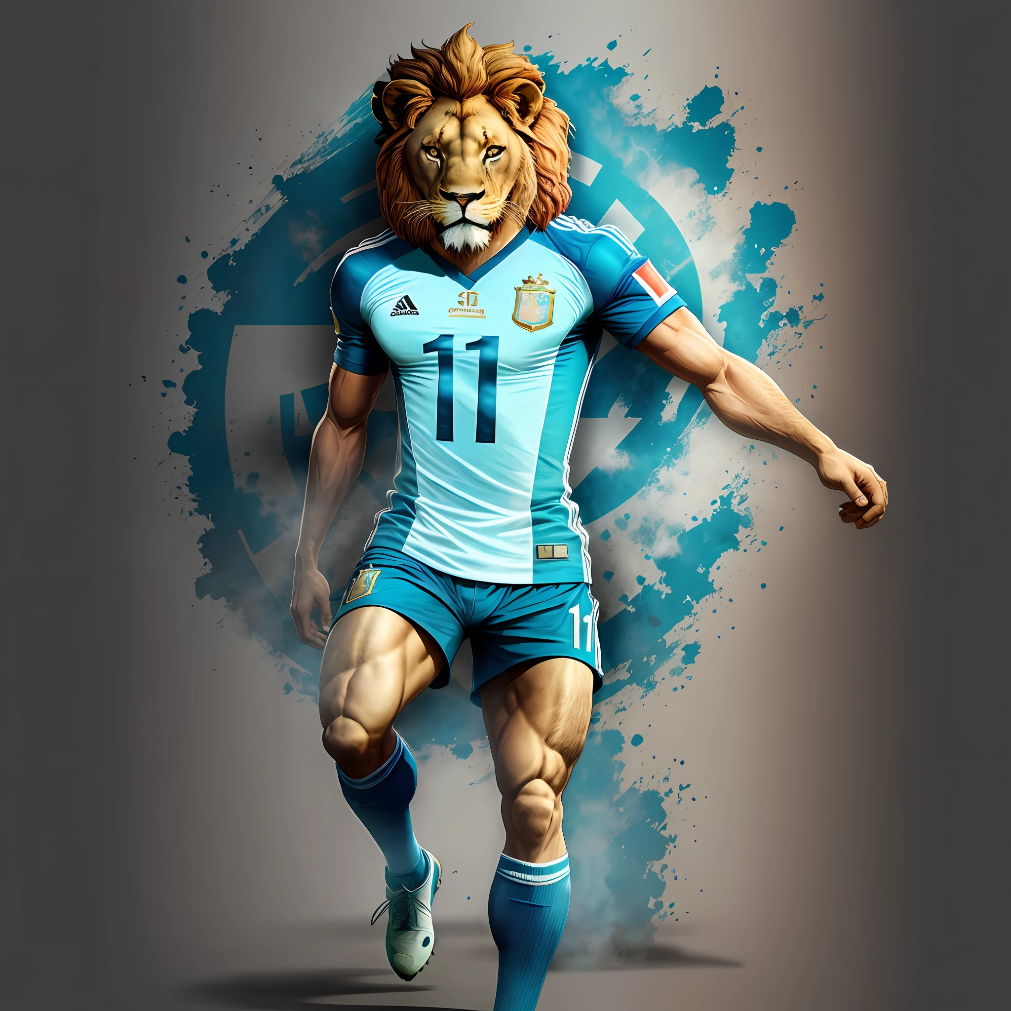 Football field, full body, lion personified, wearing Argentina number 11 shirt --auto --s2