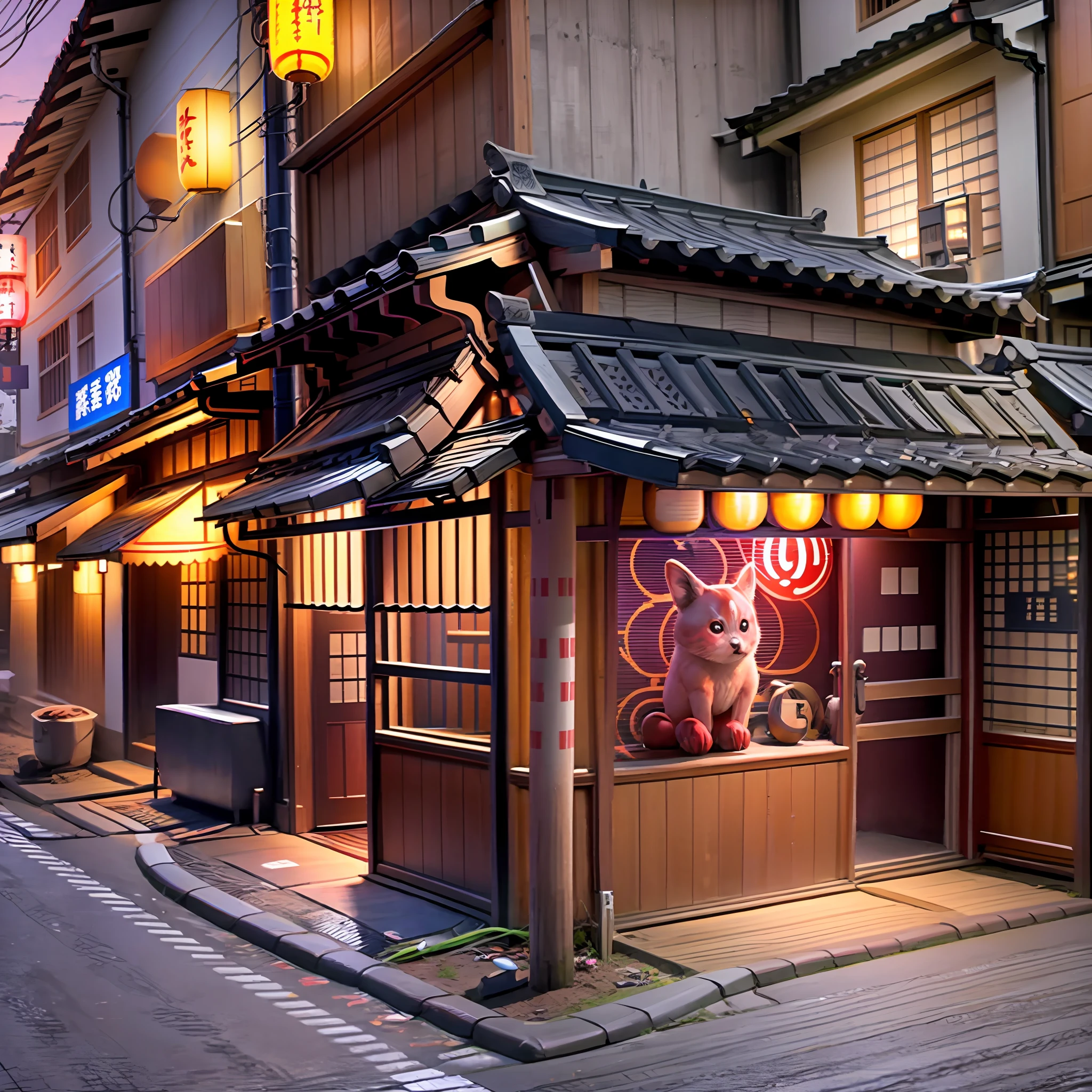 Japanese cute style izakaya Several humanoid animals Japanese street side Sunset 8K image quality High quality High resolution Ultra-fine Multi-color matching Close line tracking