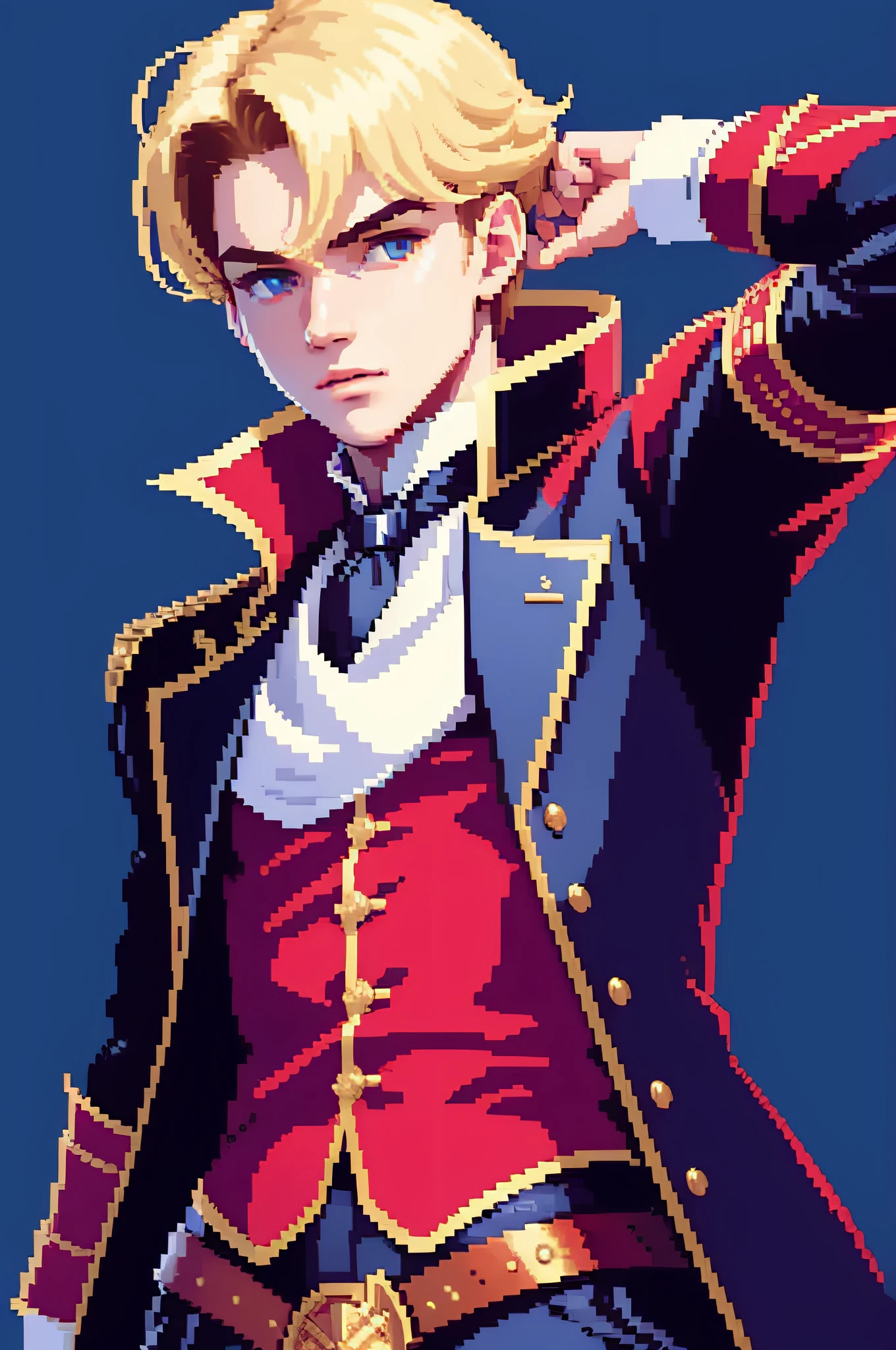 1 boy, solo, simple background, black background, standing, portrait, son of a baron, 15 years old, blonde, blue eyes, fair skin, red satin, red cape, black breeches, clothing without blue, (masterpiece, top quality, best quality, pixel, pixel art)