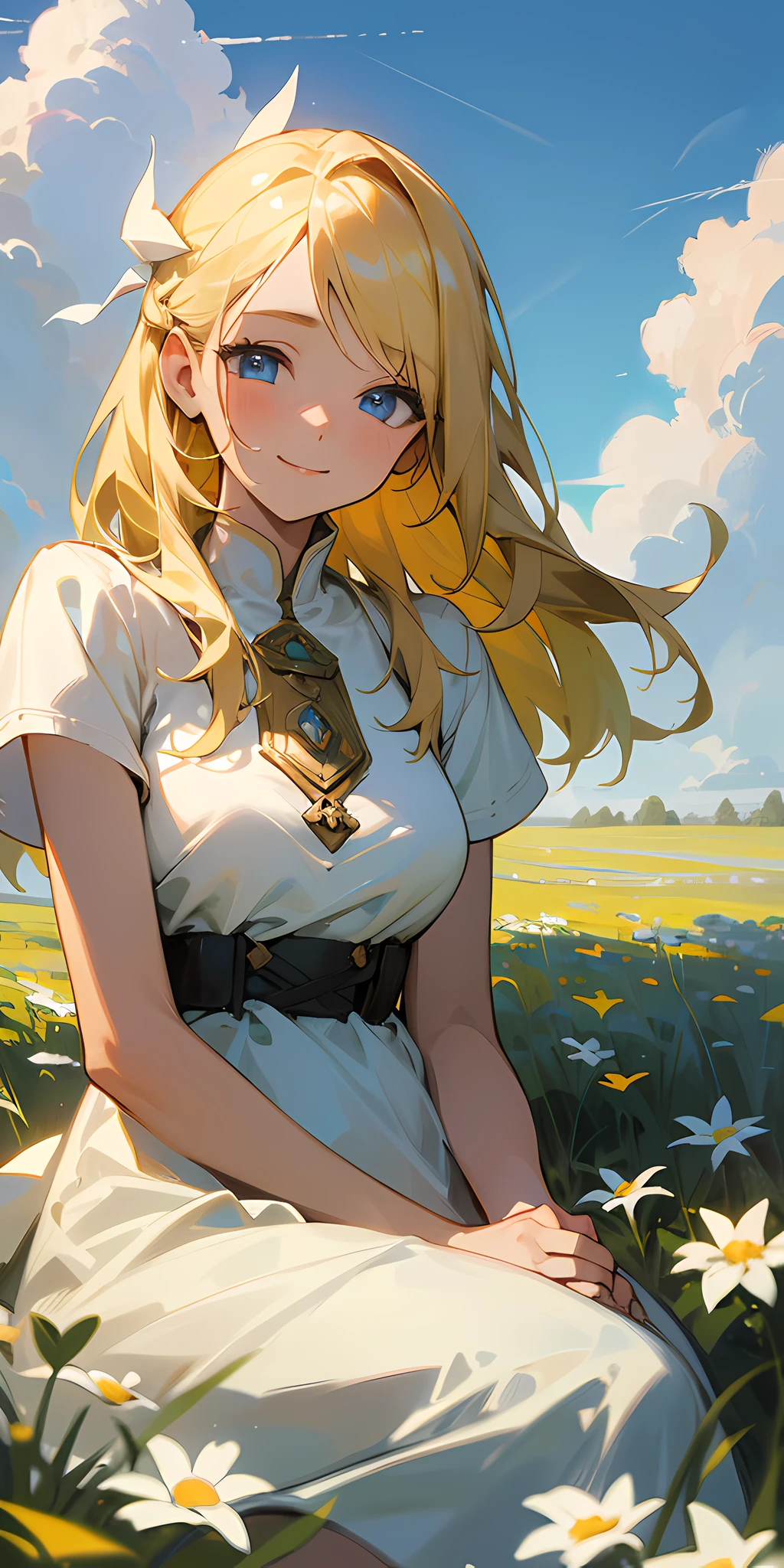 The picture is of a girl with blonde hair and blue eyes, sitting in a field of green grass and flowers. She is wearing a white dress and has a warm, sunny smile on her perfect face. Her hand is under her chin and the foreground is slightly blurred. The sky is detailed with cumulonimbus clouds.