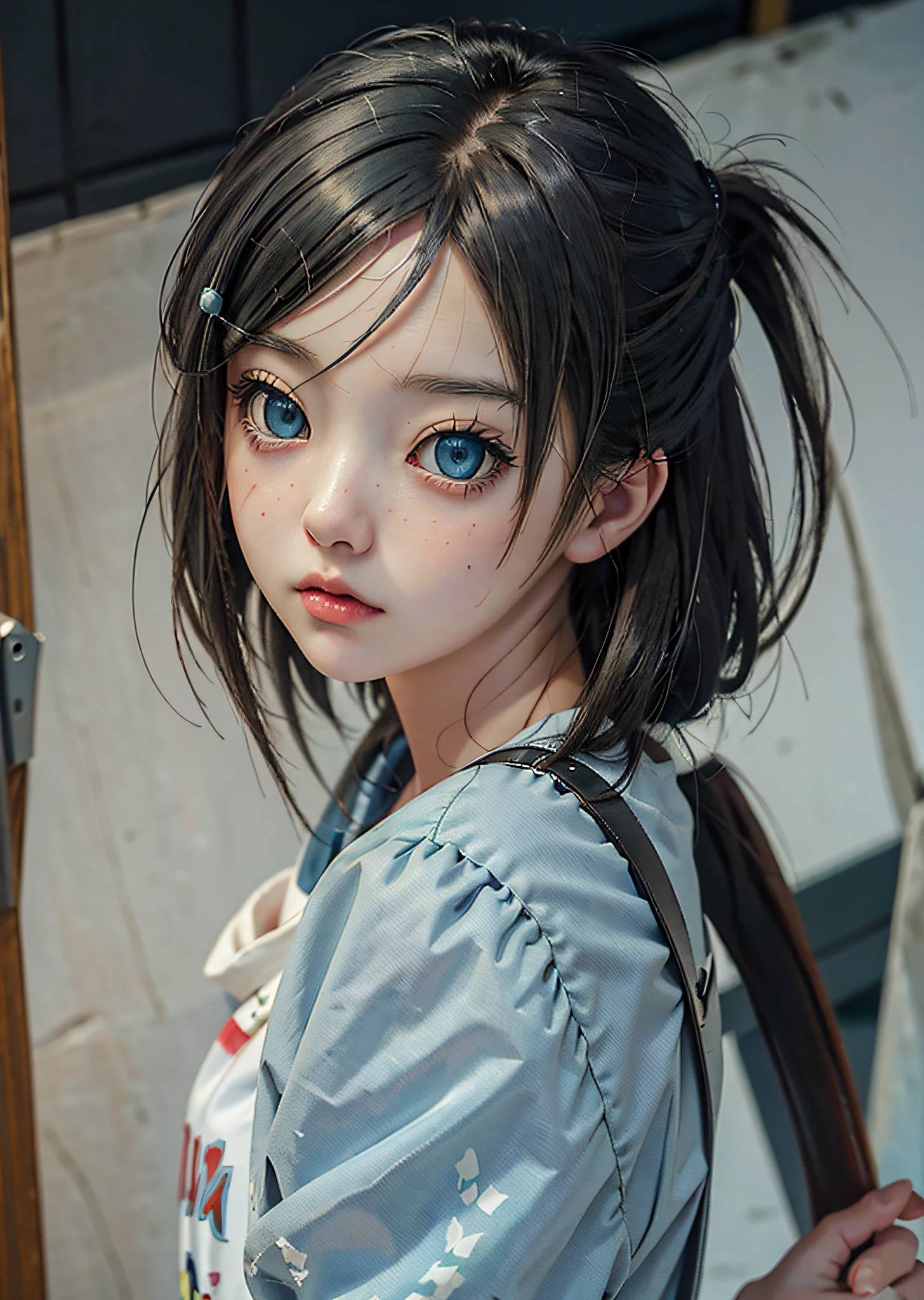 Anime girl with blue eyes and backpack standing by the sea, kawaii realistic portrait, anime style. 8k, anime visuals for cute girls, realistic anime 3 D style, anime realism style, anime style portrait, anime style, young anime girls, cute anime girls, anime style, realistic anime art style, anime style 4 K, anime girls
