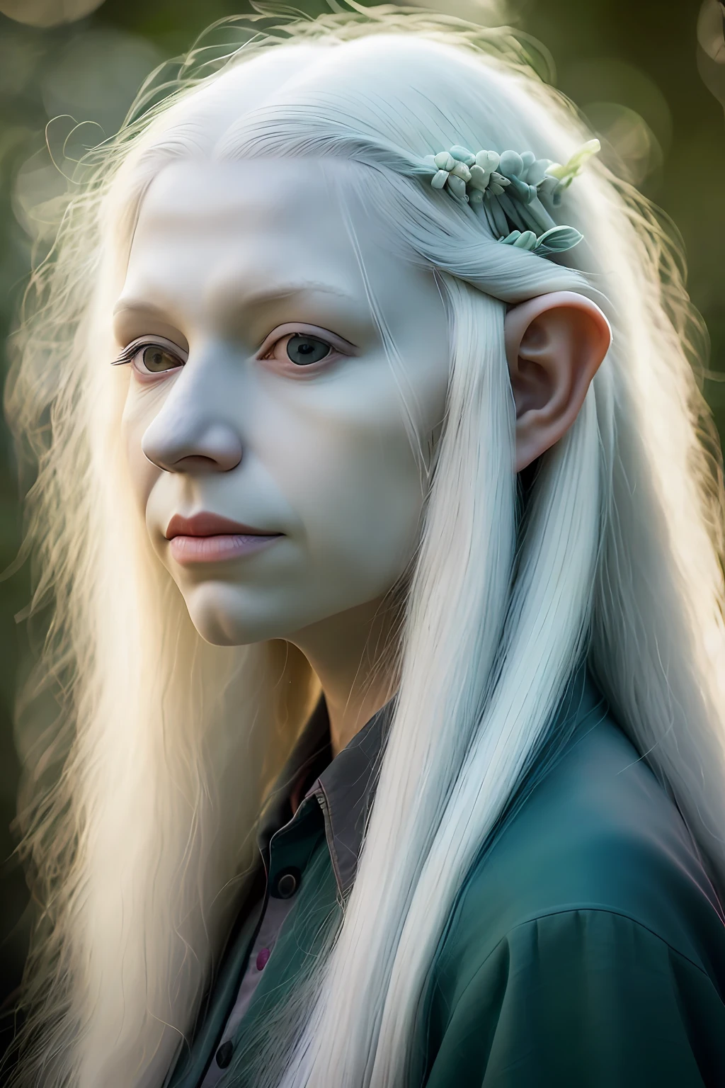 High detail RAW color photo professional portrait photograph of a ((Dynamic side view Close up, Fusion Dance. a portrait of an elderly Elven (albino female) Tree-Sage, long white hair, pale white skin, arms in the air, standing in the lush forest, her head and shoulders illuminated by a soft, ethereal light, her gaze focused on a distant horizon filled with hope and healing. , dark radial background, (muted colors:1.38), (neutral colors:1.2) backlighting, complex scene with magical fantasy atmosphere, Stunning magical world landscape, Luminous Core Render)), soft skin, (feathers in hair), praying, backlighting, depth of field, studio lighting, hard focus, film grain, (3d), ray traced, rendered, photographed with a Sony a7 III Mirrorless Camera, by photographer