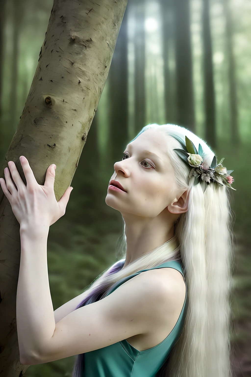 High detail RAW color photo professional portrait photograph of a ((Dynamic side view Close up, Fusion Dance. a portrait of an elderly Elven (albino female) Tree-Sage, long white hair, pale white skin, arms in the air, standing in the lush forest, her head and shoulders illuminated by a soft, ethereal light, her gaze focused on a distant horizon filled with hope and healing. , dark radial background, (muted colors:1.38), (neutral colors:1.2) backlighting, complex scene with magical fantasy atmosphere, Stunning magical world landscape, Luminous Core Render)), soft skin, (feathers in hair), praying, backlighting, depth of field, studio lighting, hard focus, film grain, (3d), ray traced, rendered, photographed with a Sony a7 III Mirrorless Camera, by photographer