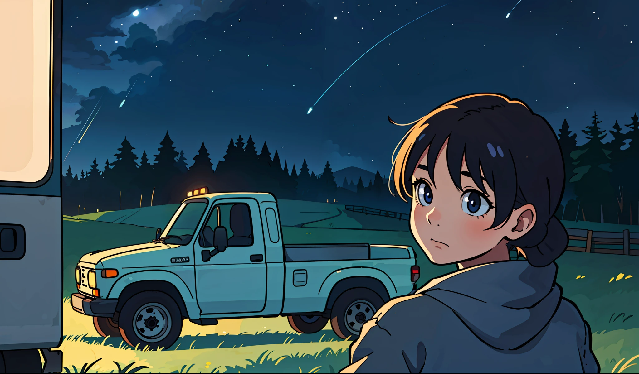 Girl in her 20s, countryside background, (light truck), night, 80s,
(Best Quality: 0.8), (Best Quality: 0.8), Perfect Anime Illustration, Dark Unclear Face, Glowing Eyes