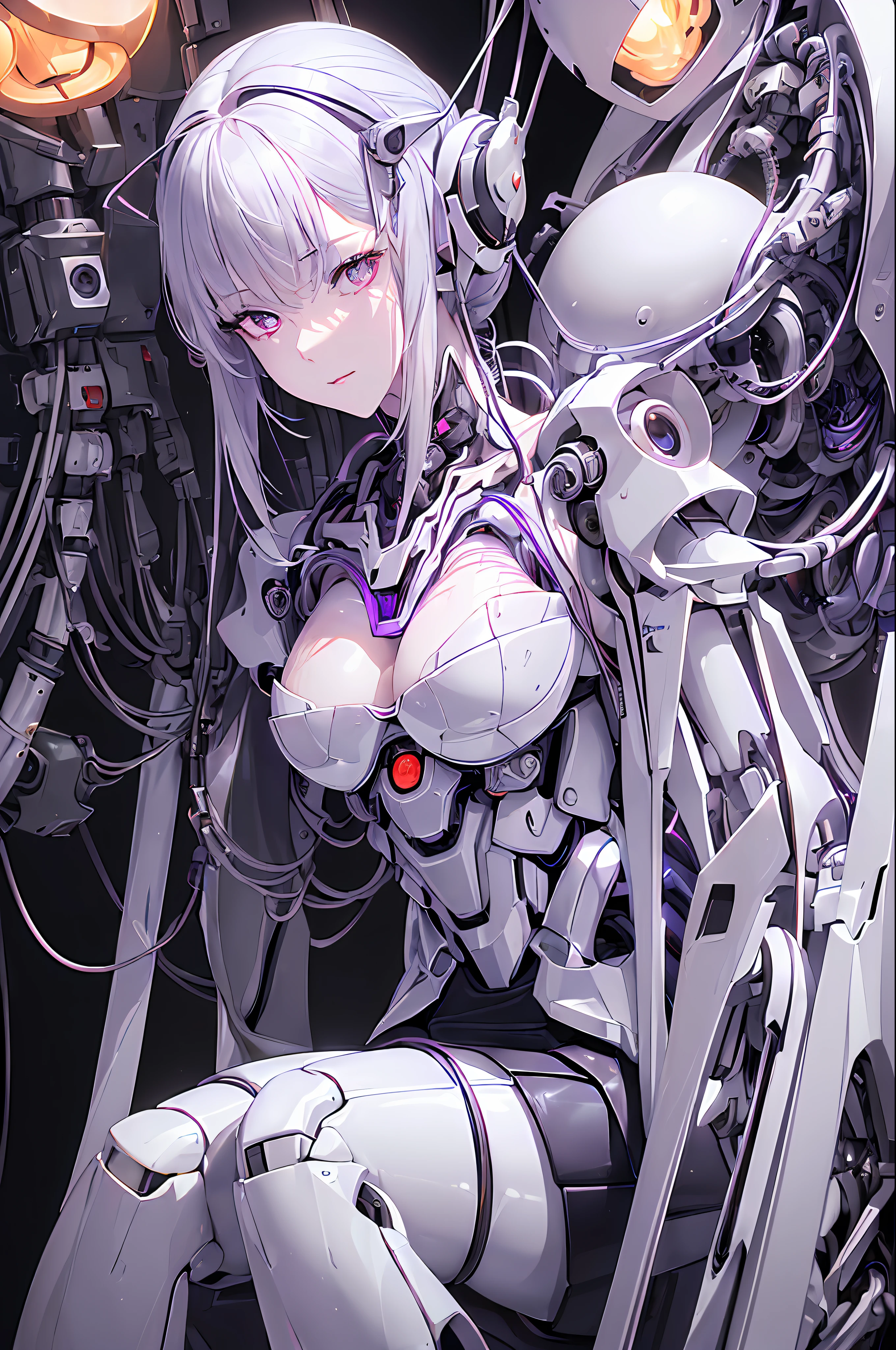 (((Masterpiece)))), (((highest quality)))), ((Ultra Definition)), (Very Detailed Photoreality), (((Very Delicate and Beautiful)), (Delicate and Pretty Face), Cinematic Light, (((1 Machine Girl)), Solo, Full Body, Big, Cleavage Is Visible Skin, White Hair, Purple Eyes, Luminous Eyes, (Mechanical Joint: 1.4), (Mechanical limbs)), (Blood vessels connected to tubes), (( Mechanical vertebrae attached to the back)), (((Cervical vertebrae of the machine) attached to the neck)), (((sitting)), expressionless, (wires and cables attached to the head and body: 1.5), (character focus), small LED lamps on the body, Gundam, sci-fi, metallic, detailed neon