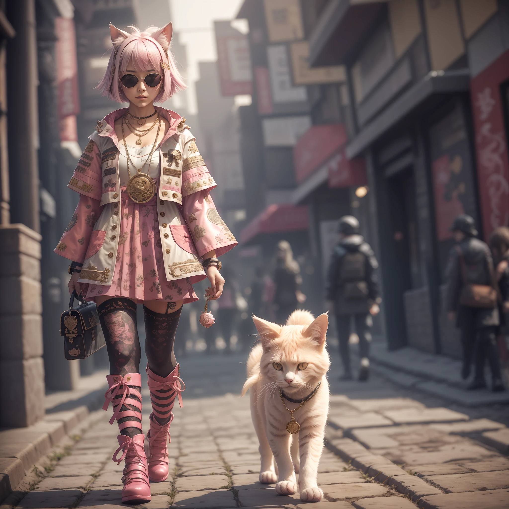 The girl wore a black tights with some pink decorations to make her look more stylish and unique. Her hair is cut short and her hair color is silver, which looks very futuristic. Her eyes are full of determination and strength, and through a pair of pink sunglasses, she gives a visual impact. She is slender and slender, wearing a pair of black high-heeled boots with a beautiful gait.
She wears various graffiti and decorations on her hands, some of which are also pink, showing her personality and fashion. She wears a pink necklace around her neck, and a small pink heart-shaped pendant hangs from the necklace, which makes the whole look even more cute. On her arm, there is a cute little pink cat, its eyes are big and its expression is very cute, making the whole picture full of vitality and warmth.
The girl walks down the street with the little cat, and the people around are attracted to them. The girl's cyberpunk style with pink elements and little cats makes them look more special and glamorous. The mutual companionship of girls and little cats not only brings joy to themselves, but also brings warmth and emotion to the people around them.
#赛博朋克女孩 #粉色元素 #小喵星人 #未来感 #时尚独特 --auto --s2