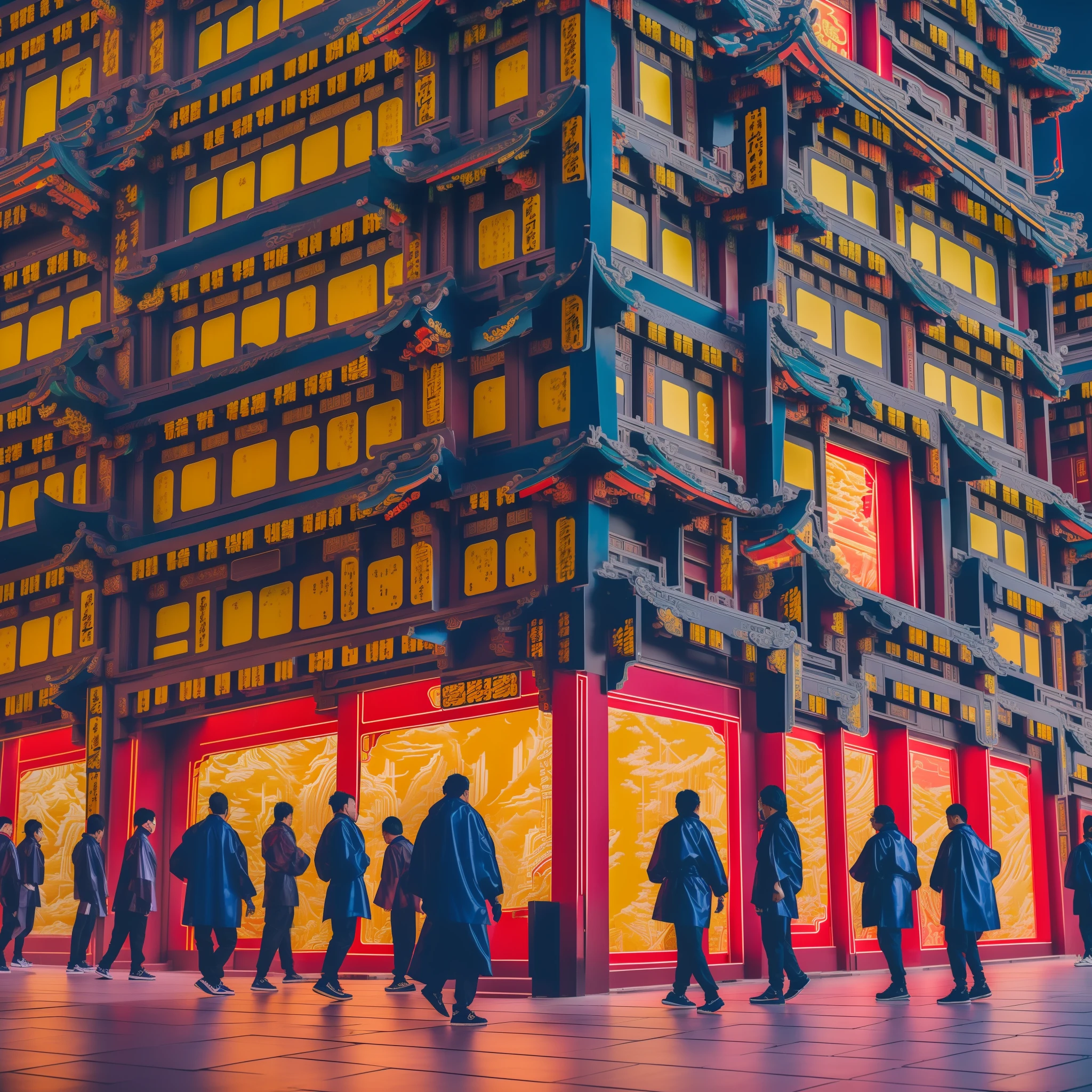 "A cyberpunk-themed Chinese classical architecture (masterpiece, best quality:2) that seamlessly blends traditional Chinese architectural elements with futuristic cyberpunk aesthetics. The building features classical Chinese roofs, ornate carvings, and tiles, with a mix of neon lights, holographic displays, and advanced machinery. The structure is multi-tiered with traditional Chinese brackets and intricate wooden lattices ((windbreaker with puff sleeves bigger pockets and long belt, gathering at the waist, colorful, asymmetric structure, Deconstruction, oversized silhouettes:1.2)). The cyberpunk elements such as neon signs and floating drones are prevalent around the building. The scene is set at night, with a mix of dark shadows and vibrant neon lights, reflecting the juxtaposition of the old and new. The details are rich, and the colors are bold, with a focus on contrasting light and shadow. The lighting is dramatic and dynamic, with a sharp focus and highly detailed (studio light:1.5, sharp focus:1.5). The night sky is illuminated by the bright neon lights, and the shadows give depth to the architecture.