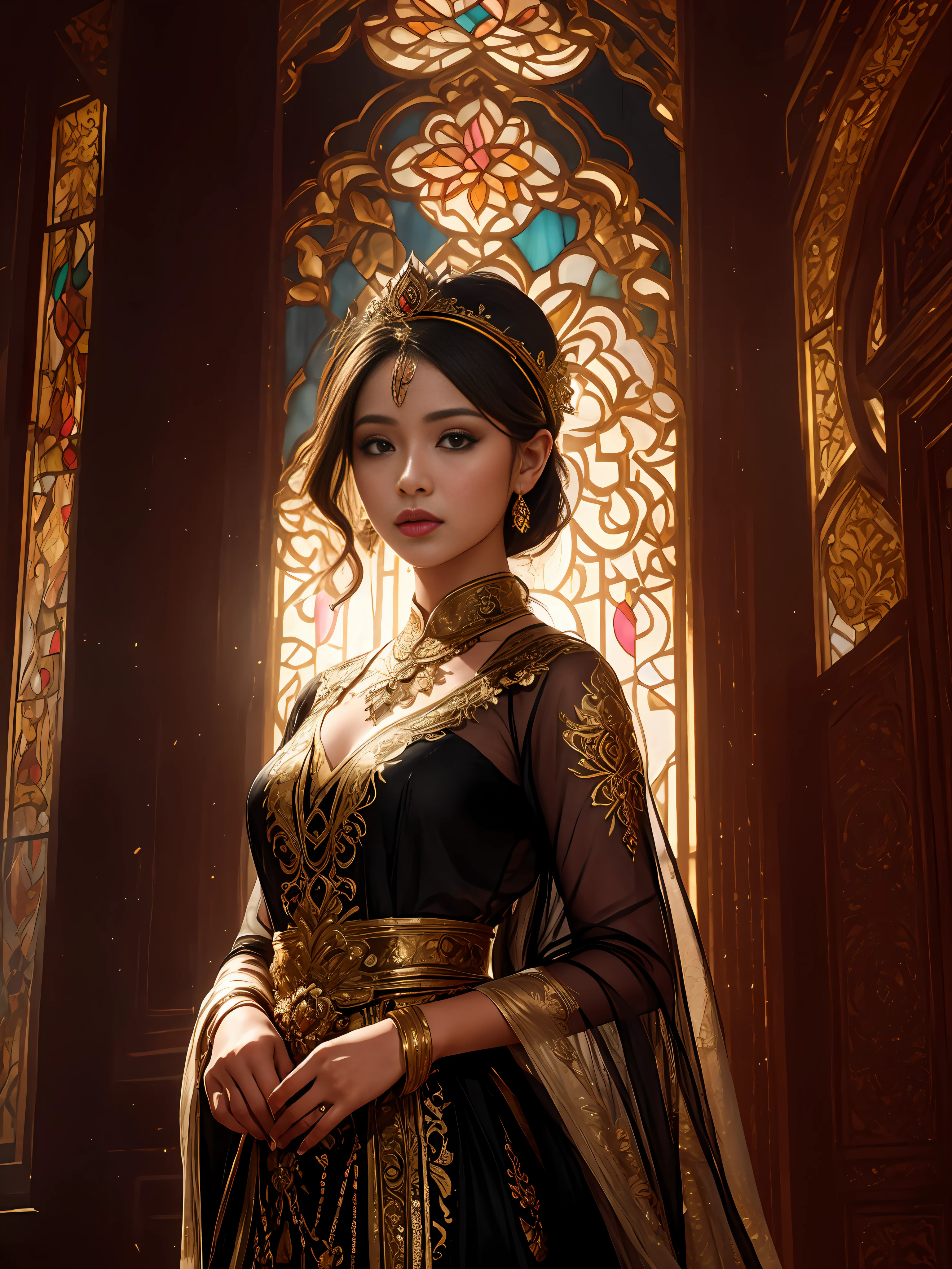 ((Masterpiece)), Exotic potrait of beautiful mira filzah, half body, editorial pose, holding keris, malay women, malay traditional headpiece, sheer black n gold coloured kebaya, highly decorated covered sheer dress, bright light, dramatic lighting, majestic lighting, no cleavage, mira filzah, dreamy retro photograph, in highly decorated ancient malay palace, light ????, songket, malay, coloured stained glass window light