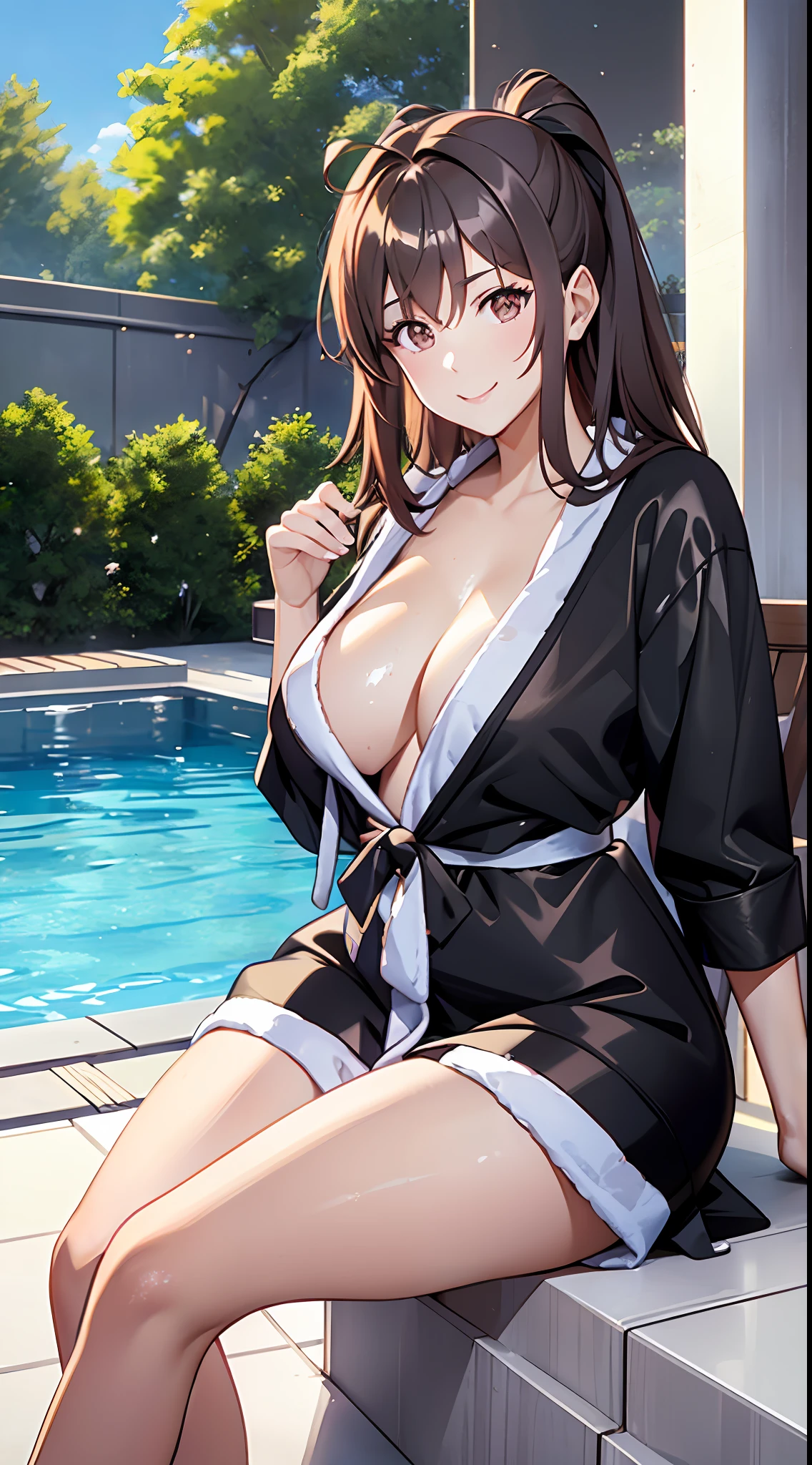 A busty, voluptuous and toned brown-haired, hazel-eyed teenage girl wearing a black yellow and white bathrobe, smiling seductively, sitting poolside, the setting is a pool outside of a beautiful modern mansion overlooking a forest and mountains