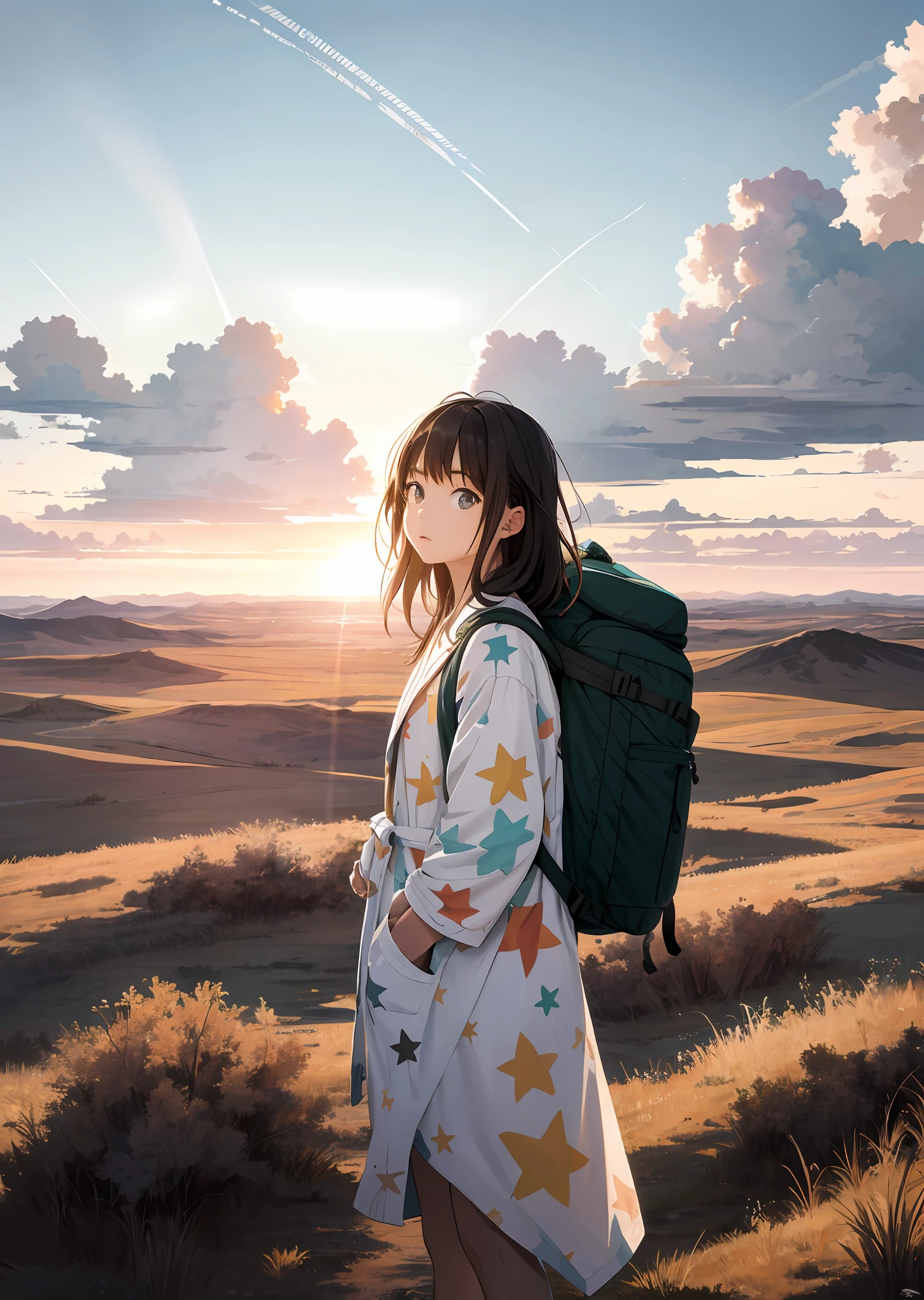 Vast sky, beautiful skyline, large grasslands, intense and dramatic pictures, moving visuals, hanging north stars, colorful natural light. Bathrobe, ripped, side backpack girl