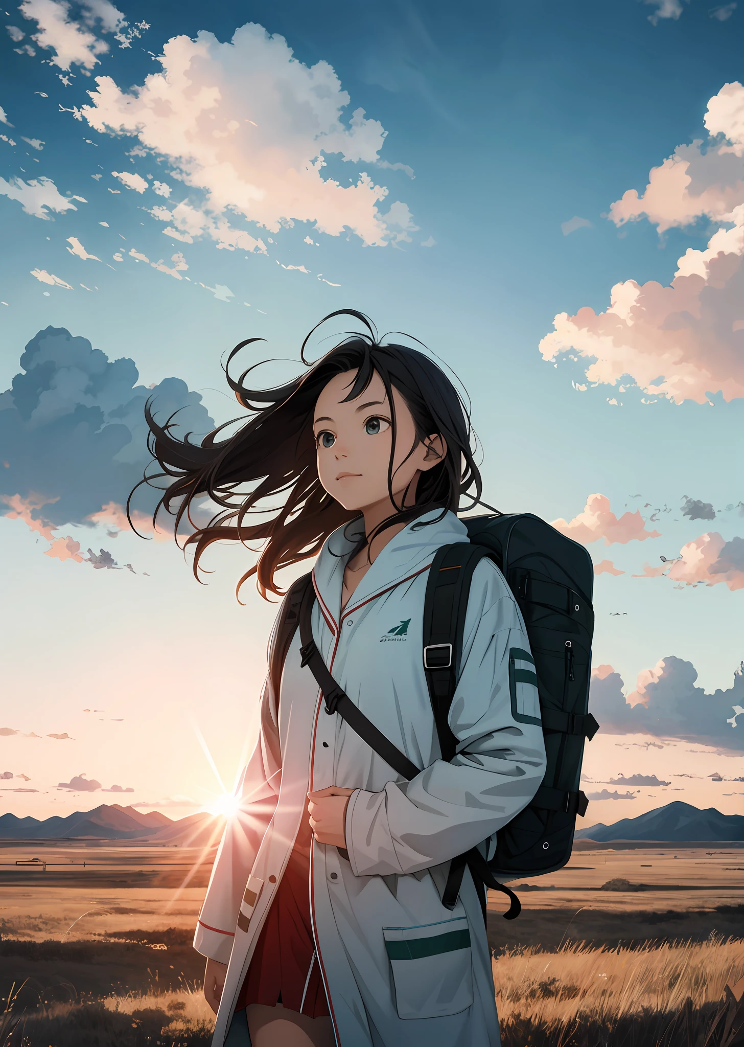 Vast sky, beautiful skyline, large grasslands, intense and dramatic pictures, moving visuals, hanging north stars, colorful natural light. Bathrobe, ripped, side backpack girl
