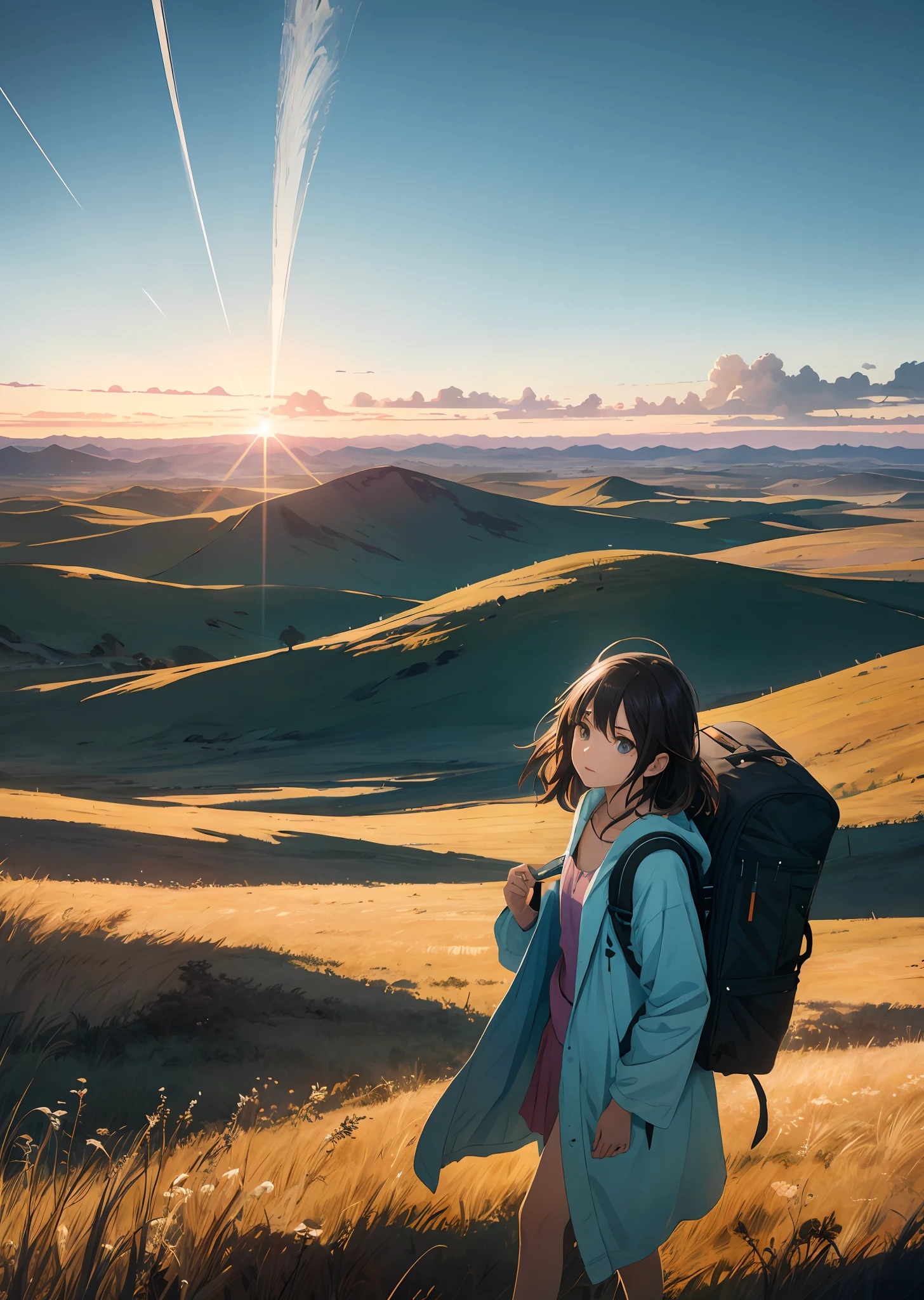 Vast sky, beautiful skyline, large grasslands, intense and dramatic pictures, moving visuals, hanging north stars, colorful natural light. Bathrobe, ripped, side backpack girl