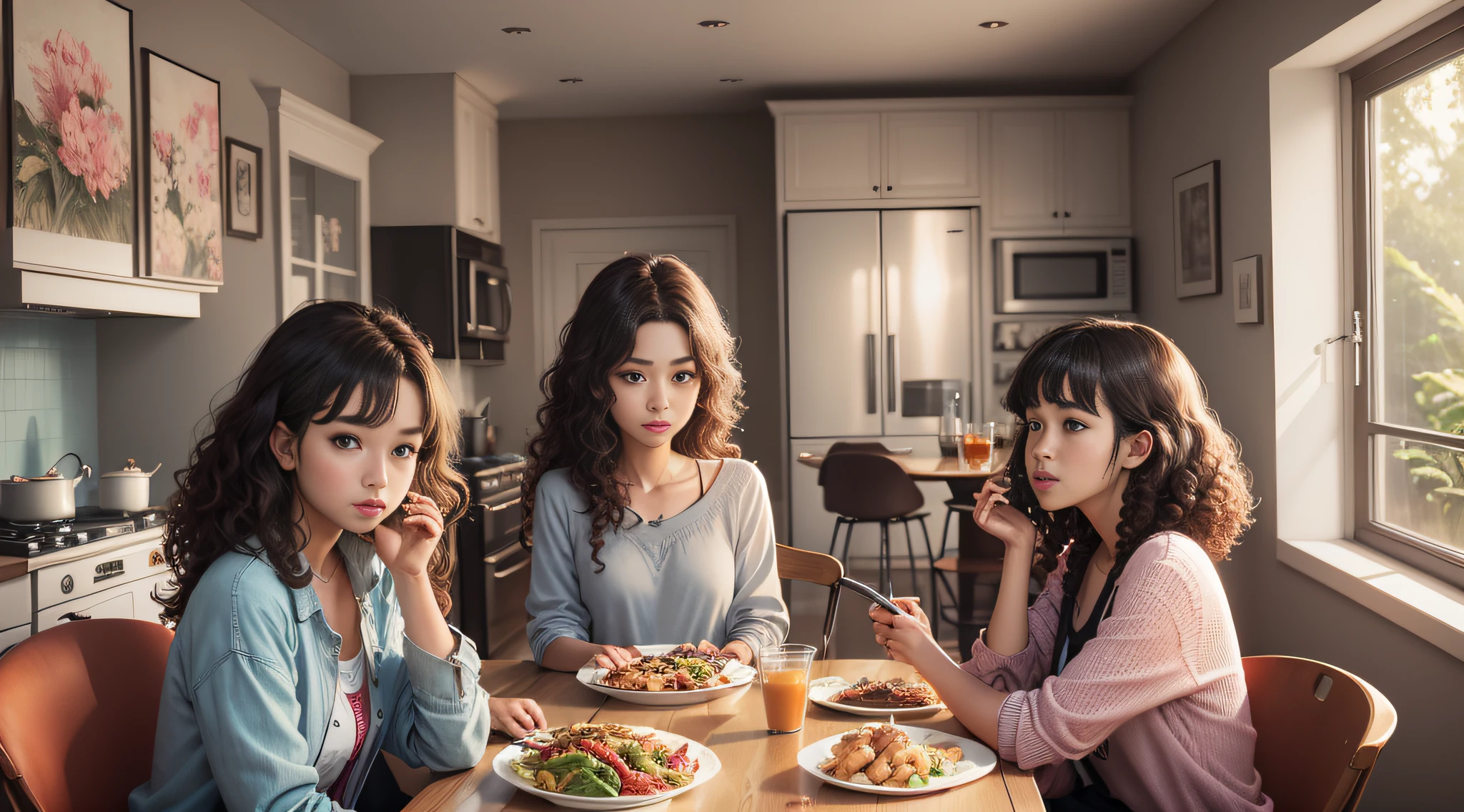 Family sitting together to eat, living room in background, (girl: 23 years old, curly, long, brunetize, casual, slim), stereogram, anime, UHD, textured skin, high quality, high detail --auto --s2