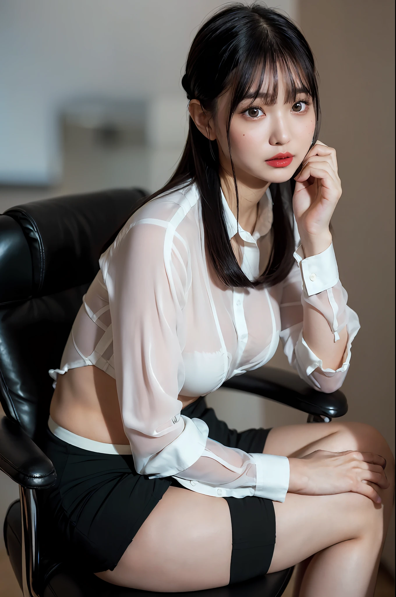 (((masturbation, hetero,, masturbation))), (((office lady, black recruit suit, white shirt, black tight skirt, black stockings, high heels)), (sitting in a chair, sitting on legs bending the knees, zoom camera in the crotch, angle from below), (unbuttoned shirt: 1.1), looking to the side, very angry, blushing, distressed, reluctant, glare, (sexual arousal: 1.5, pubic hair, lower abdomen bristles), NSFW, 8k, RAW photo, masterpiece, absurdity, top quality, high resolution: 1.1, ultra-detail, hyper-realistic: 1.4, realistic, photorealistic: 1.3, cinema light, film grain, closeup, full body, depth of field, eye focus, young, 85mm lens, f/1.4, Professional lighting, portrait, photon mapping, radiosity, physically based rendering, transparency, soft light, realistic face, realistic body, realistic skin, clean: 1.8, black hair, hairstyle to match the trend of Japan in 2023, big breasts: 1.2, blusher, good style, (very dark lip gloss, bright red lipstick, so many eyelashes, pitch black eyeshadow) , Japan person, night, office, company, camel toe, long legs, PureErosFace_V1: 0.8, dynamic pose