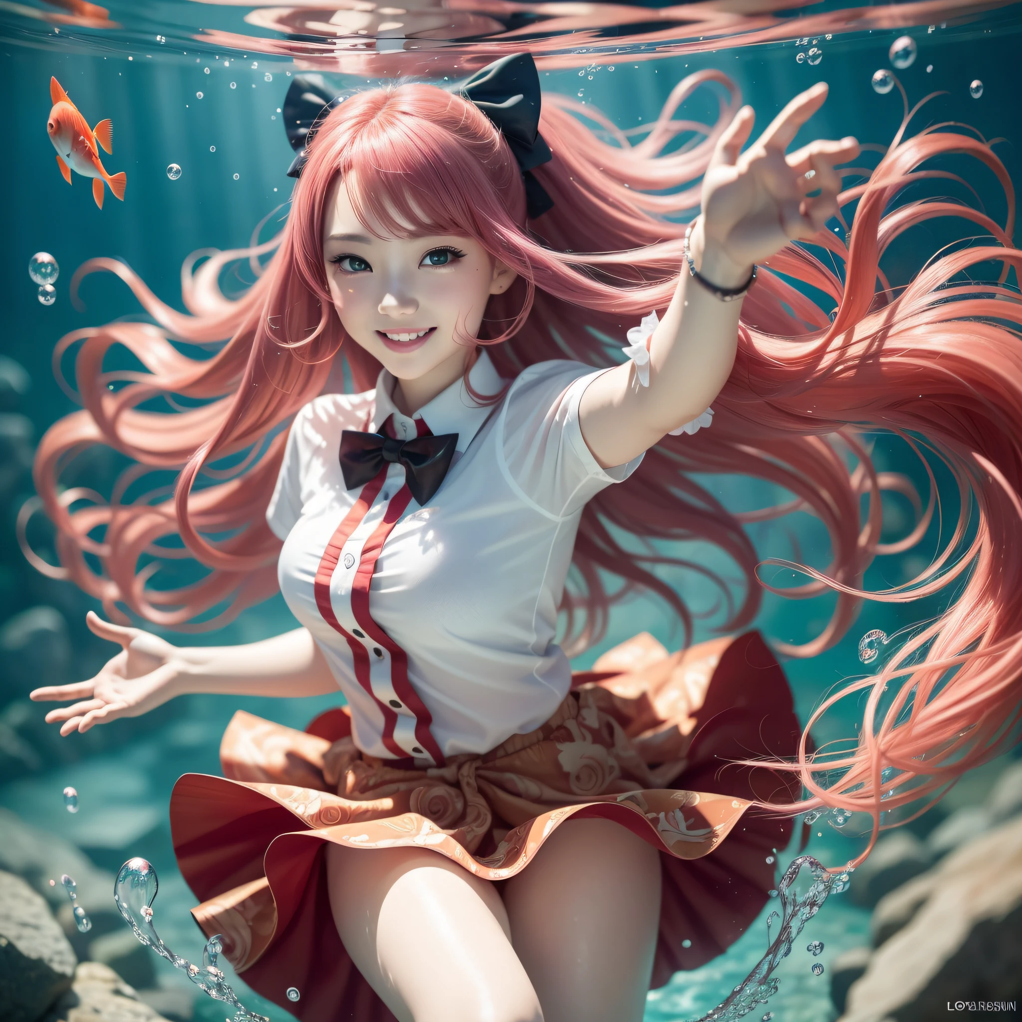 longeyelashes, solid circle eyes, light smile, fang, Surrealism, pov, atmospheric perspective, perspective, lens flare, macro photo, 85mm, bokeh, close-up, 8k, super detail, ccurate, best quality, UHD, masterpiece, ccurate, anatomically correct, high details, high quality, girl underwater, goldfish around her, red goldfish, flowing long hair, pink hair, bubbles, bubbles in the water, skirt, bow, , round face