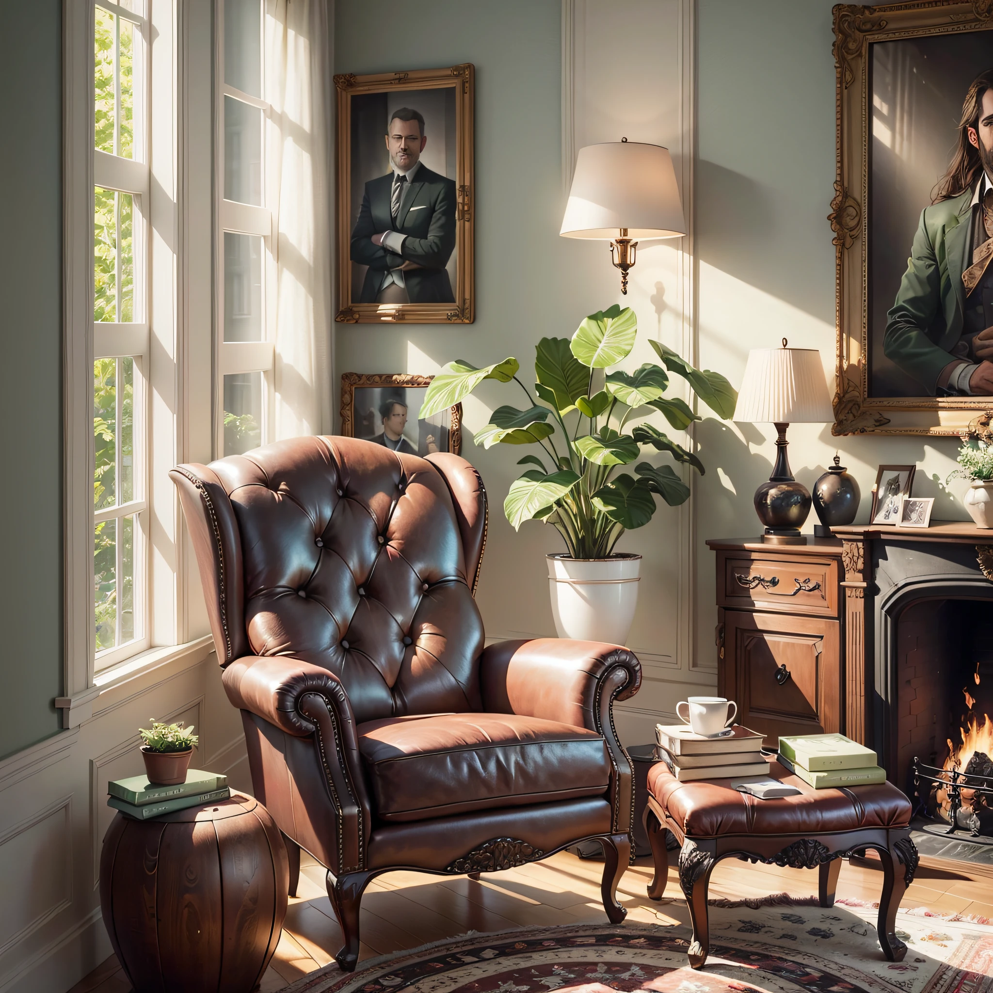 there is a recliner chair in a living room with a plant, a portrait by George Barret, Jr., trending on cg society, baroque, “hyper realistic, high resolution product photo, detailed zoom photo, ”ultra realistic, ultra realistic”, ultra realistic ”, high quality image, listing image, giorgio, super realistic”, right angled view, photo realistic image --auto --s2