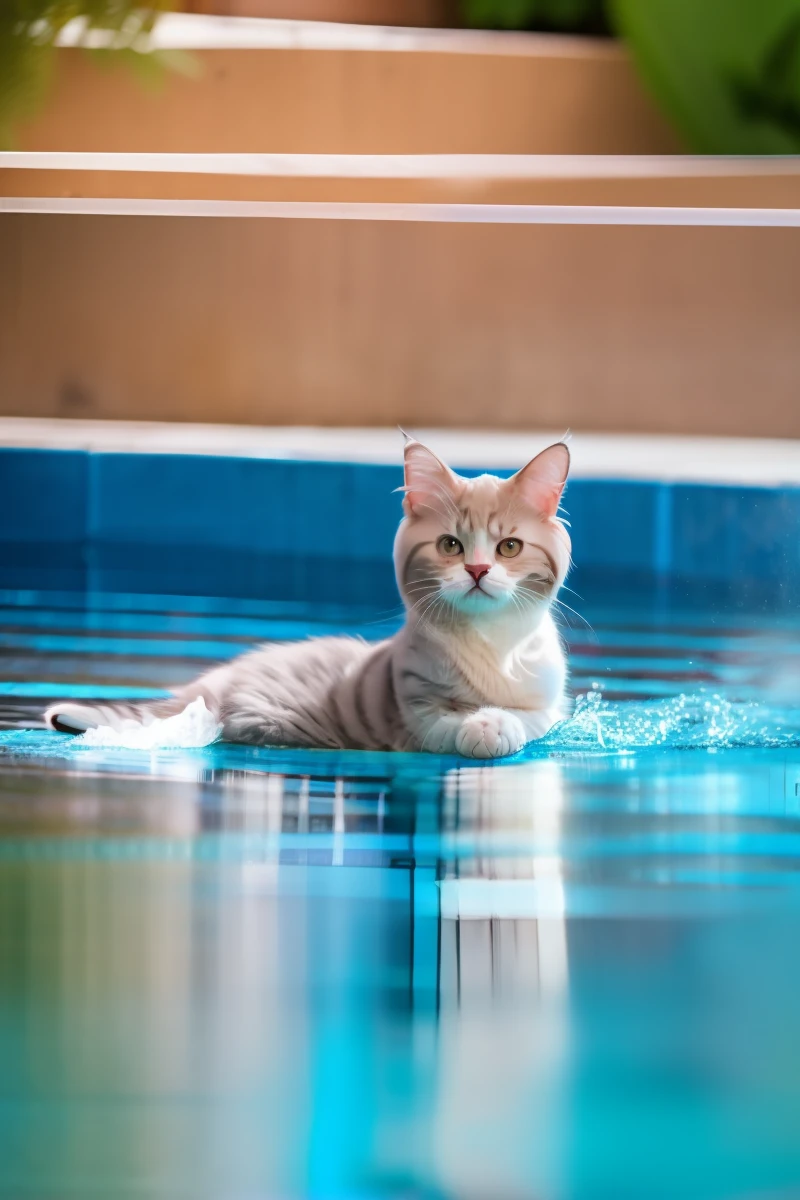 Cute American curled cat kitten, swimming in the pool, eos r3,24mm, eyes closed