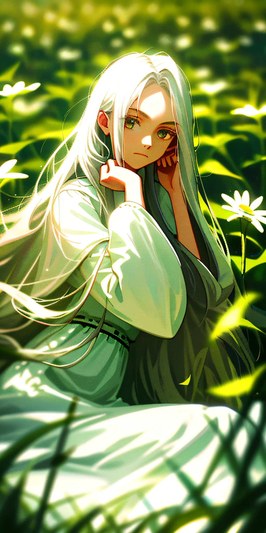 (masterpiece, best quality),1girl with long white hair sitting in a field of green plants and flowers, her hand under her chin, warm lighting, white dress, blurry foreground