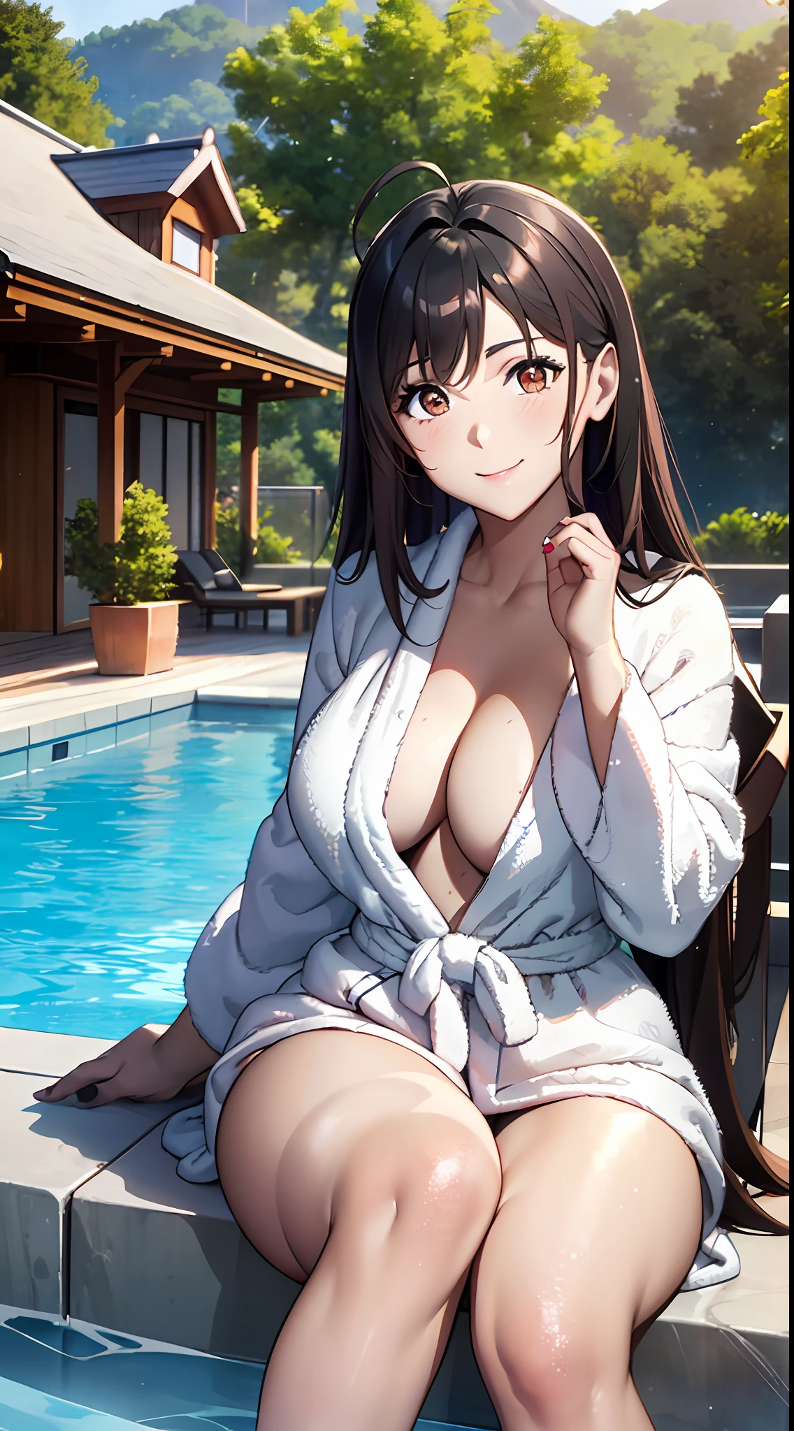 A busty, voluptuous and toned brown-haired, hazel-eyed teenage girl wearing a black and yellow and white bathrobe, smiling seductively, sitting poolside, the setting is a pool outside of a beautiful modern mansion overlooking a forest and mountains