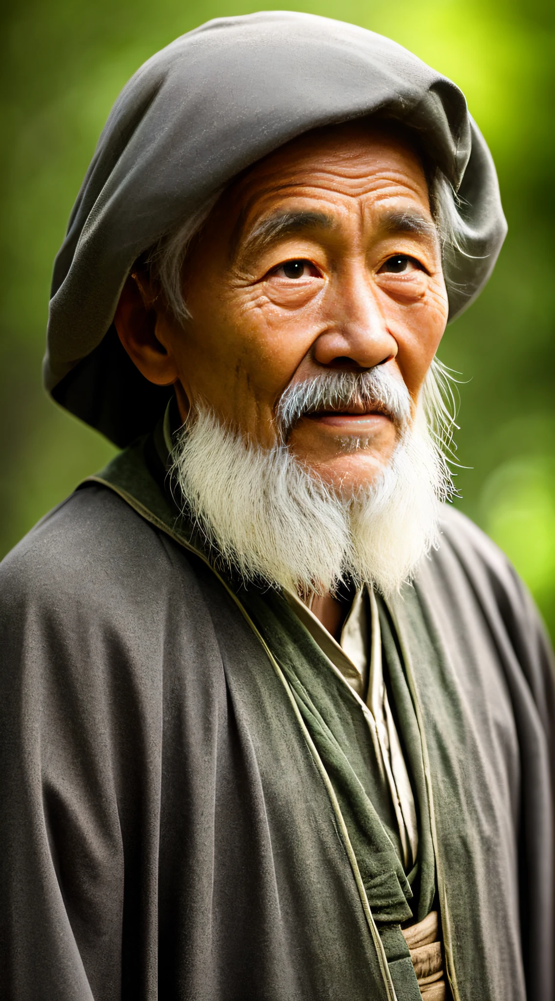 Portrait photography style, world masterpiece, super unique high professional digital art, film format, hyper-realism, color cinematography with ultra-fine details and quality, background is deep in the forest, an old man in rural China, an old man with wisdom. He wears an old cloak and his eyes are kind and shrewd. His skin has been blackened and powerful by the sun and rain, and the wrinkles are fixed on the corners of his mouth and forehead, making it seem that his years have precipitated. Although wearing a dark gown, although simple in appearance, it exudes sublime wisdom and a sense of tenacity of strength.