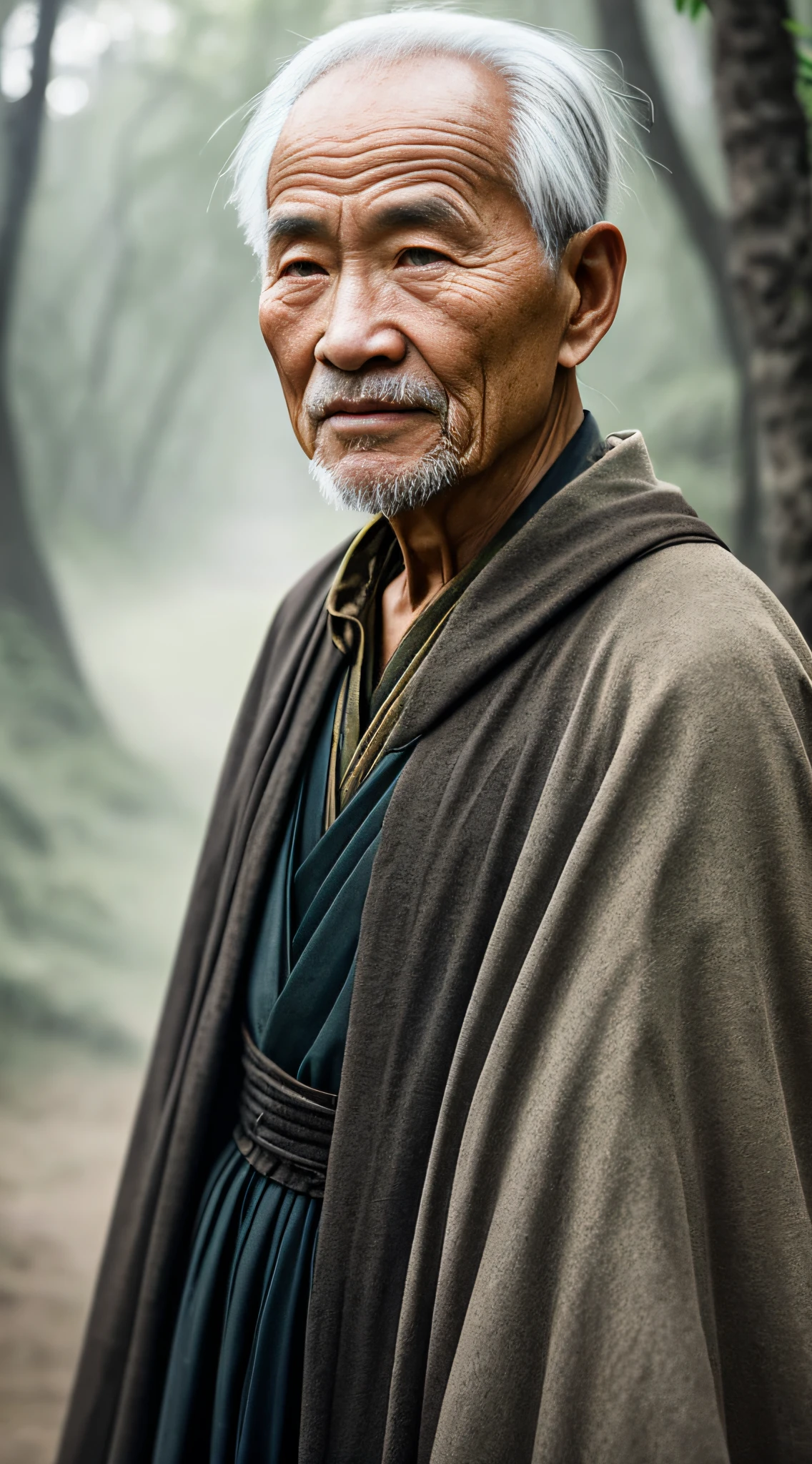 Portrait photography style, world masterpiece, super unique high professional digital art, film format, hyper-realism, color cinematography with ultra-fine details and quality, background is deep in the forest, an old man in rural China, an old man with wisdom. He wears an old cloak and his eyes are kind and shrewd. His skin has been blackened and powerful by the sun and rain, and the wrinkles are fixed on the corners of his mouth and forehead, making it seem that his years have precipitated. Although wearing a dark gown, although simple in appearance, it exudes sublime wisdom and a sense of tenacity of strength.