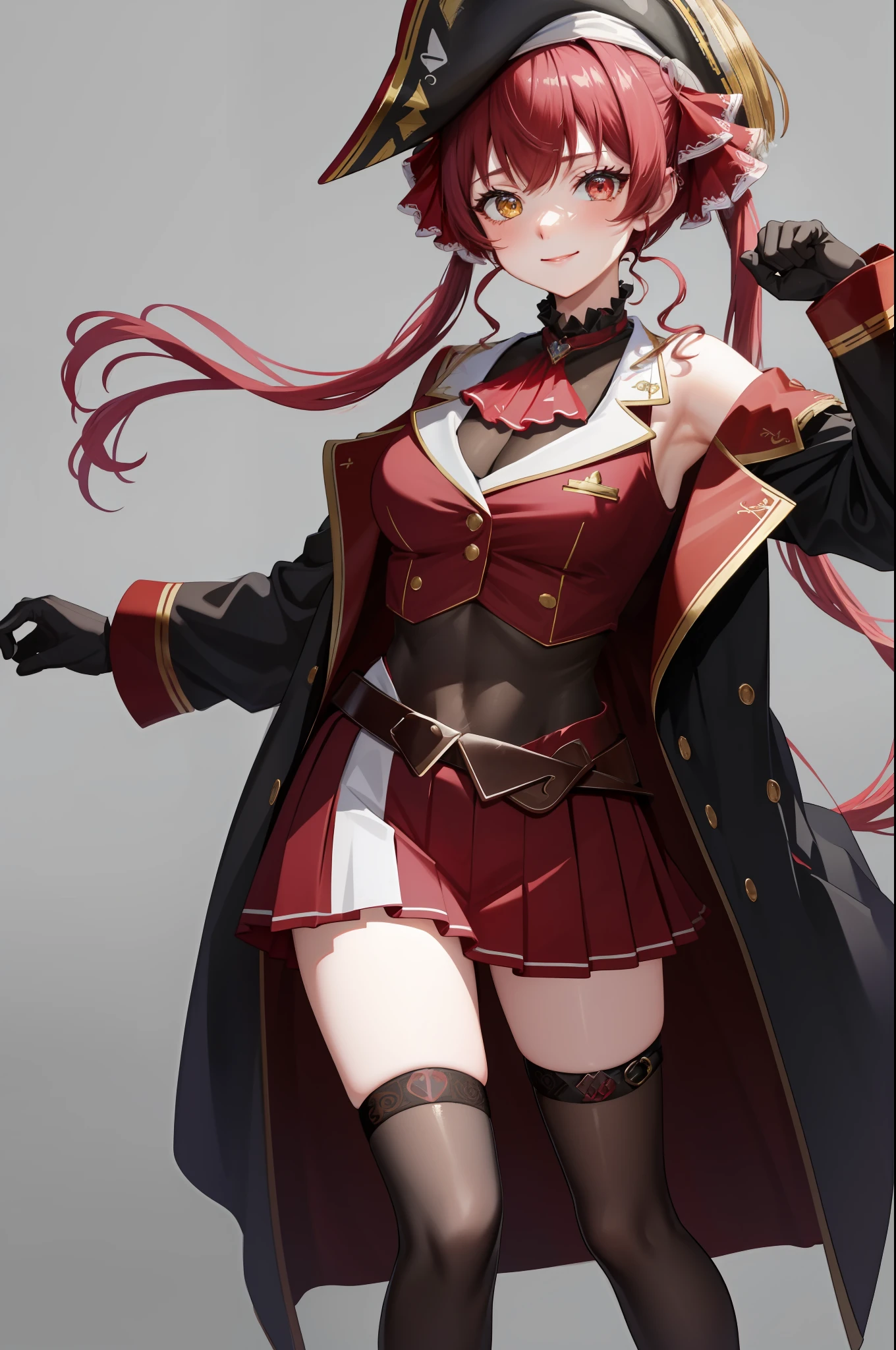 masterpiece, best quality, absurdres, perfect antomy, houshouBase, 1girl, solo, heterochromia, red eyes, yellow eyes, twintails, long hair, hair ribbon, large breasts, white gloves, frilled choker, red ascot, leotard, leotard under clothes, red jacket, cropped jacket, sleeveless jacket, black coat, off shoulder, bicorne, red skirt, miniskirt, leather belt, black thighhighs, standing, smile