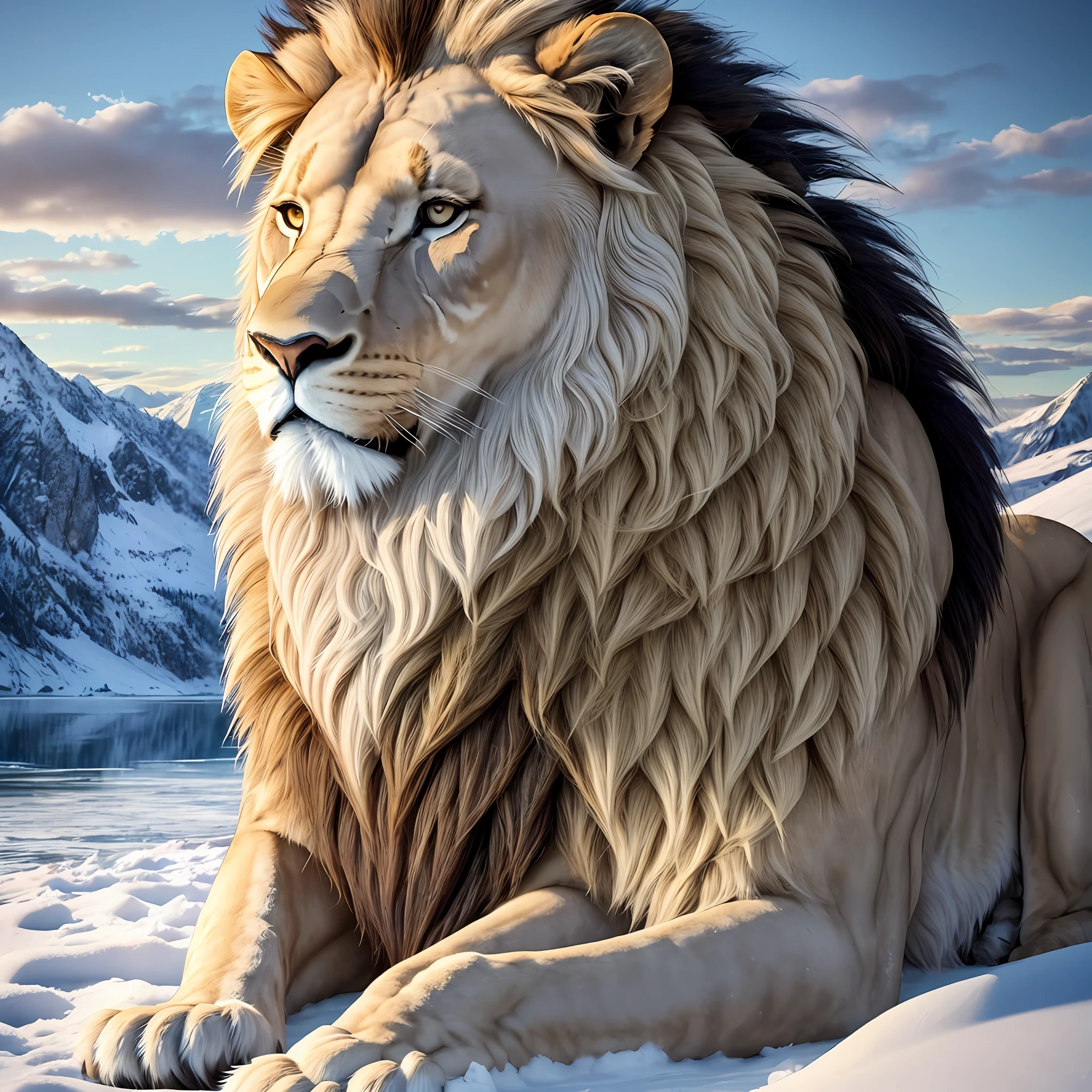 Sitting on a snow-capped hill with a lake in the background, icy winter god, lion Aslan, dramatic cinematic details fur, icy gaze, cold, majestic !! Beautiful!!! , cold but beautiful, made of ice, cold snow, beautiful wallpaper, beautiful nature, lion, ice master, lion's mane --auto --s2