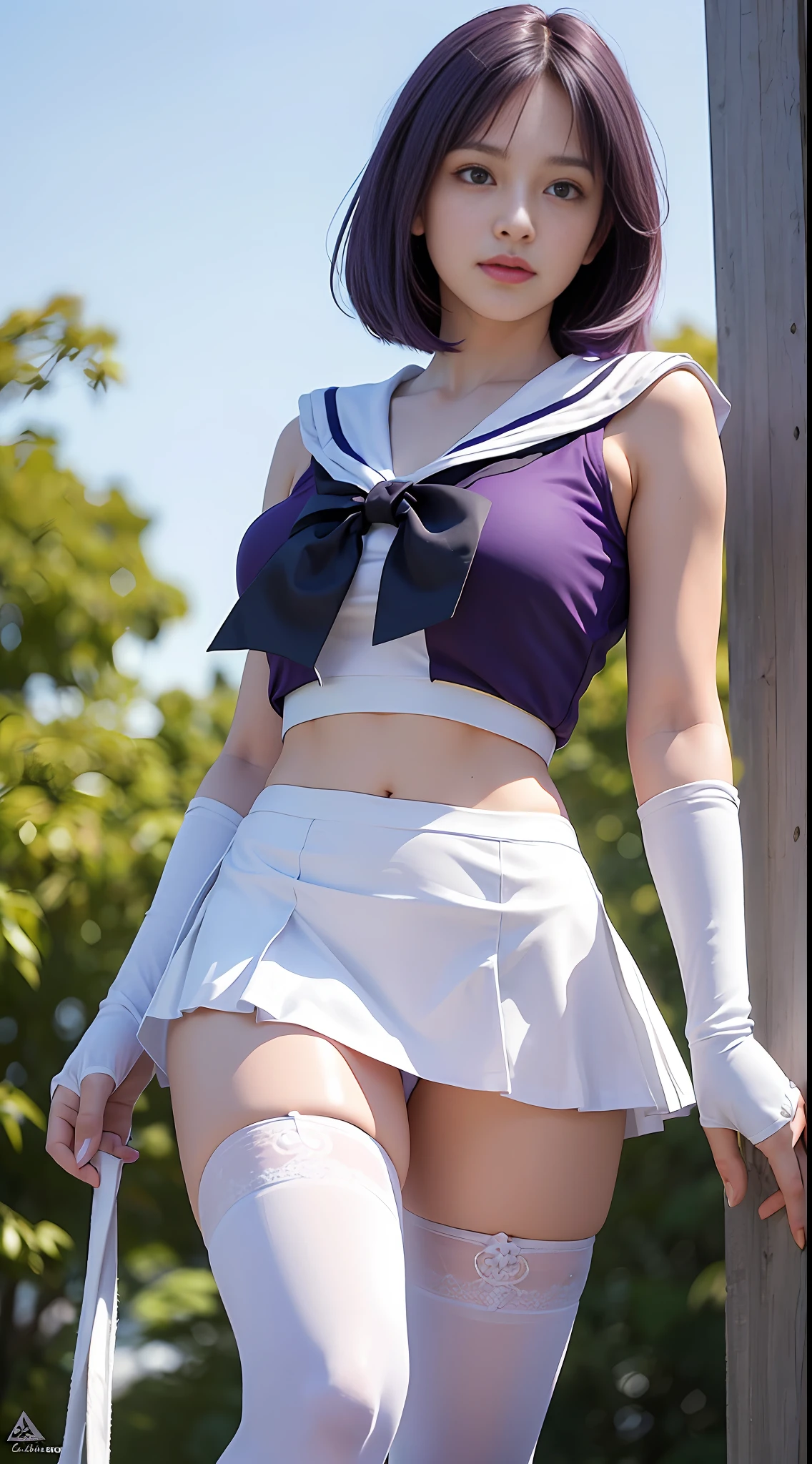 One word horse, (best quality, super high resolution, masterpiece, RAW photo, realism: 1.6), 16K, (peek from below:1.4),((Sailor Saturn sailor Saturn costume: 3)) from Sailor Moon, (1girl with open navel), (huge: 2, thick thighs: 3), (purple miniskirt: 2, short purple hair: 1.8, white stockings ),(frown:1.4), (word horse: 4), see white cute panty, from micro miniskirt,white background, dynamic light and shadow, award-winning work