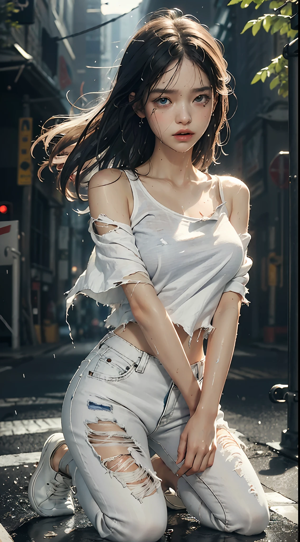 best image quality, masterpiece, ultra resolution, (fidelity:1.4), photos, 1 girl, white shirt, torn jeans, white sneakers, dim, darkness, despair, pity, pitiful, movie, tears, teardrops, (torn clothes:1.5), (wet clothes white gauze top: 1.4), bare shoulders, real rain, wet hair,..