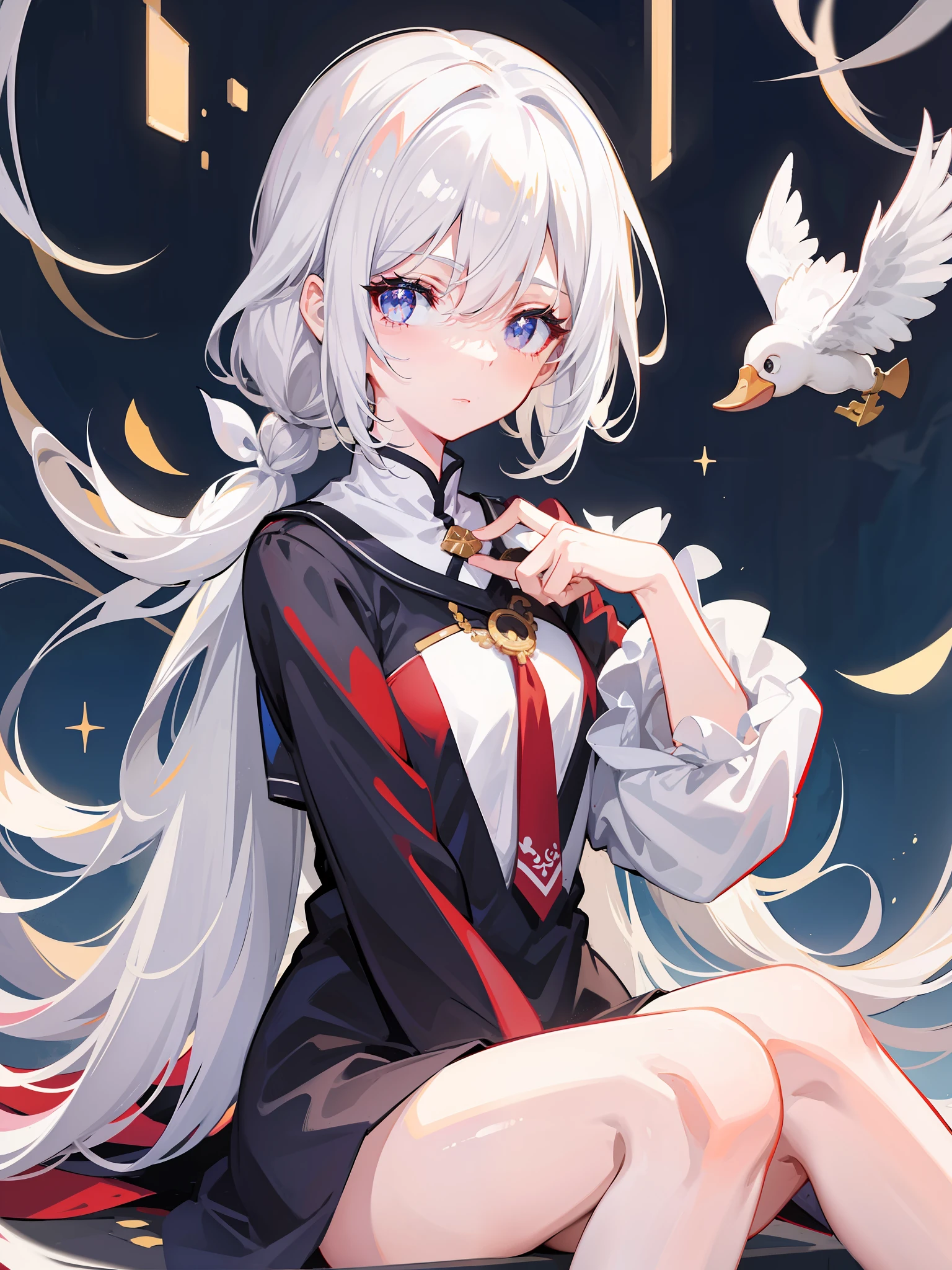 White hair, low ponytail, closed one eye, sparkling eyes, tachi-e, anime, UHD, masterpiece, duck sitting, white silk