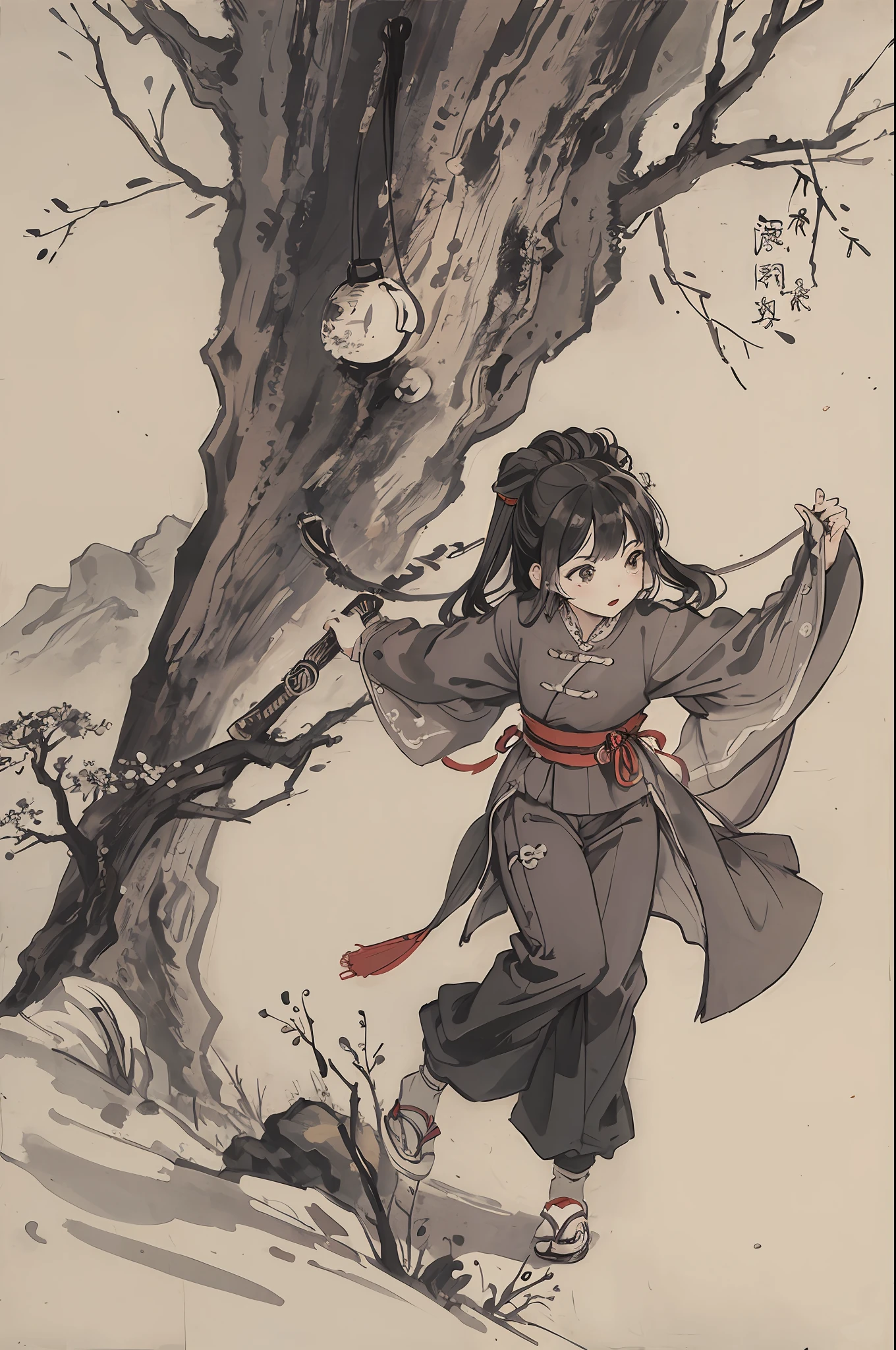 (Masterpiece, best quality: 1.2), traditional Chinese ink painting, a child, pipa