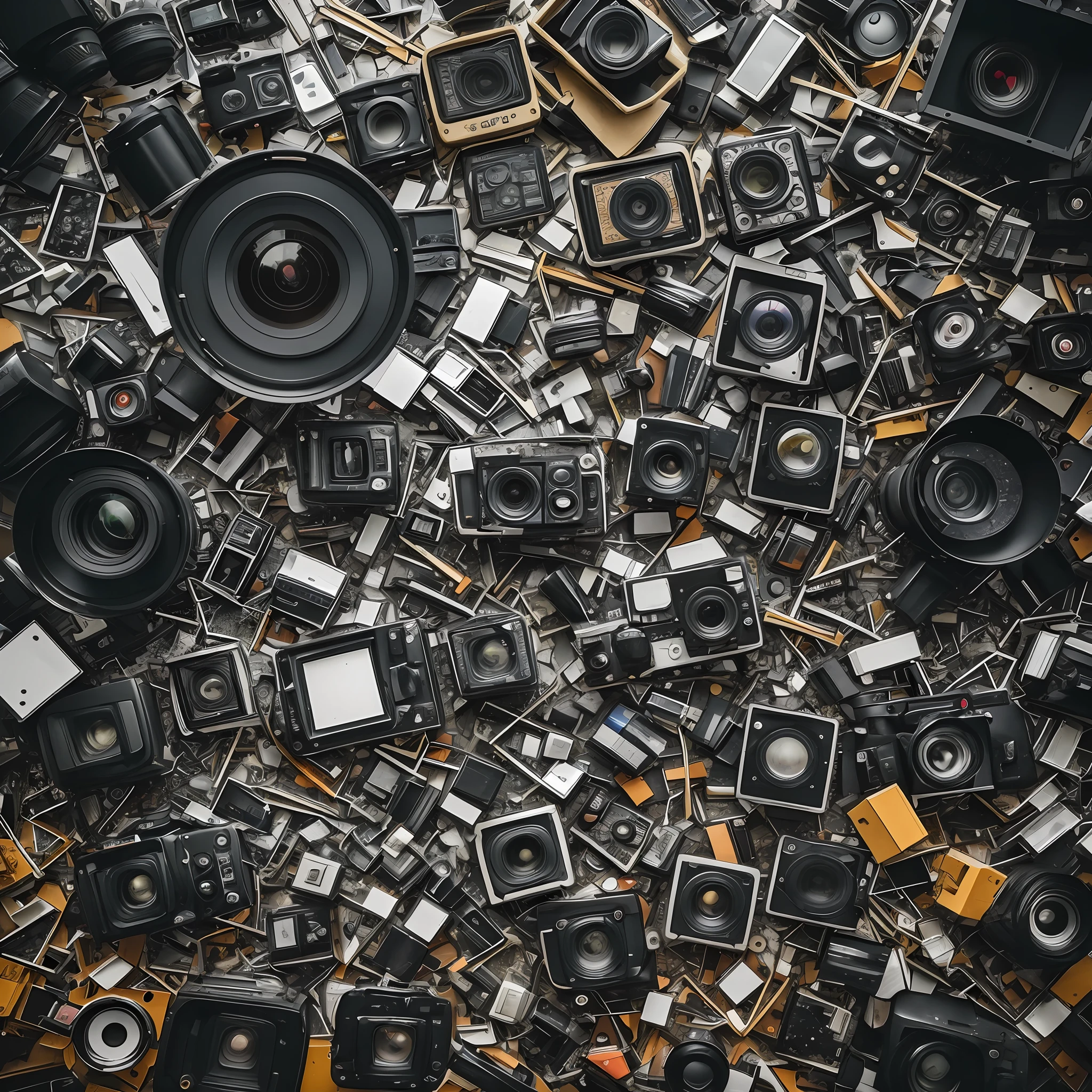 Many cameras and spotlights are shattered into pieces, fragments make up new cameras, professionals, people, photographs, film festivals, posters, complex, real --auto --s2