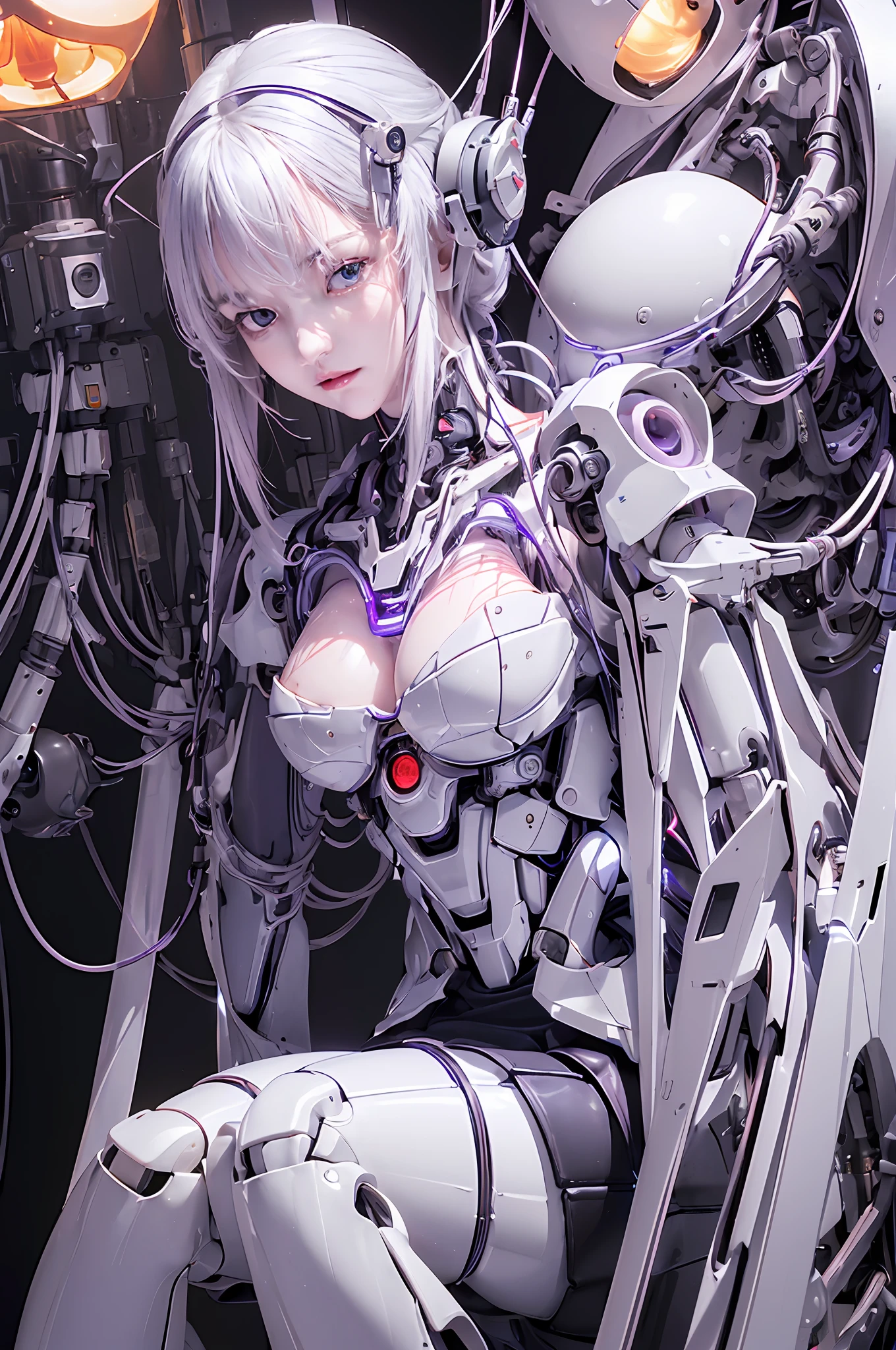 (((Masterpiece)))), (((highest quality)))), ((Ultra Definition)), (Very Detailed Photoreality), (((Very Delicate and Beautiful)), (Delicate and Pretty Face), Cinematic Light, (((1 Machine Girl)), Solo, Full Body, Big, Cleavage Is Visible Skin, White Hair, Purple Eyes, Luminous Eyes, (Mechanical Joint: 1.4), (Mechanical limbs)), (Blood vessels connected to tubes), (( Mechanical vertebrae attached to the back)), (((Cervical vertebrae of the machine) attached to the neck)), (((sitting)), expressionless, (wires and cables attached to the head and body: 1.5), (character focus), small LED lamps on the body, Gundam, sci-fi, metallic, detailed neon