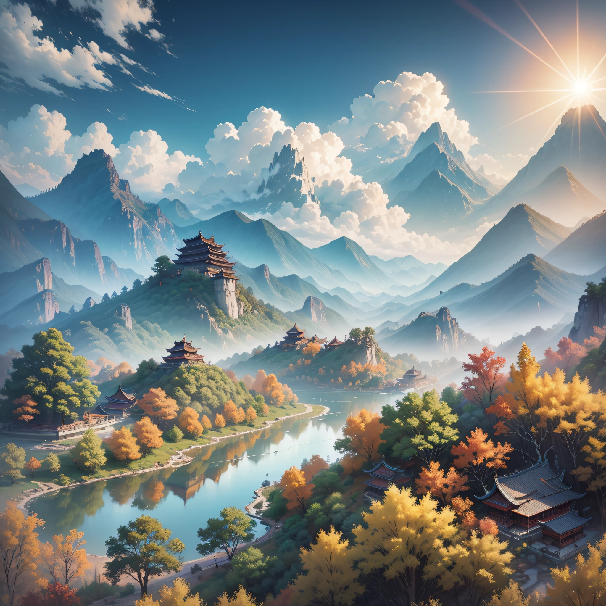ancient chinese landscape, mountains, river, auspicious clouds, sunlight, white background, masterpiece, super detail, epic composition, ultra hd, high quality, extremely detailed, official art, unity --auto --s2