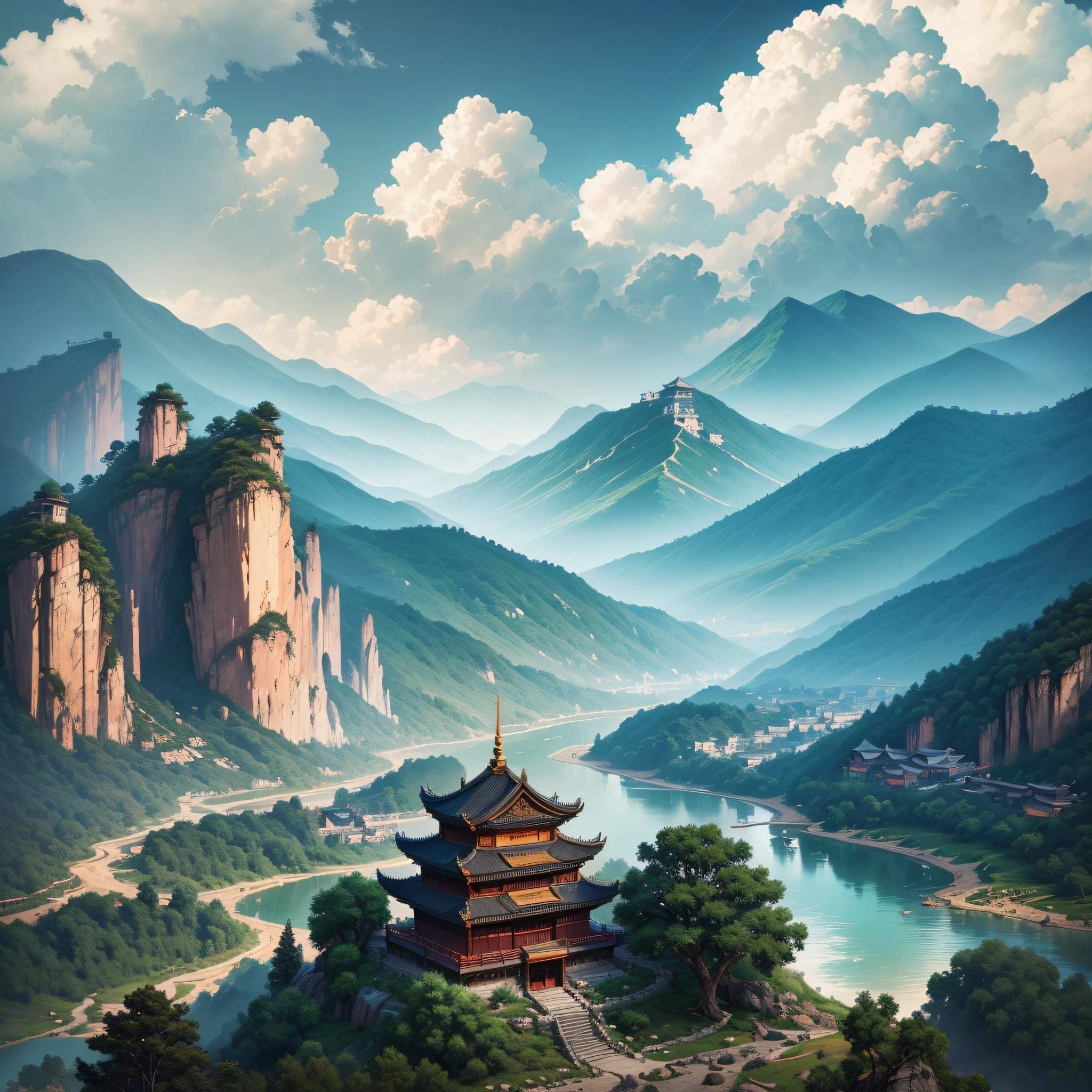 ancient chinese landscape, mountains, river, auspicious clouds, sunlight, white background, masterpiece, super detail, epic composition, ultra hd, high quality, extremely detailed, official art, unity --auto --s2