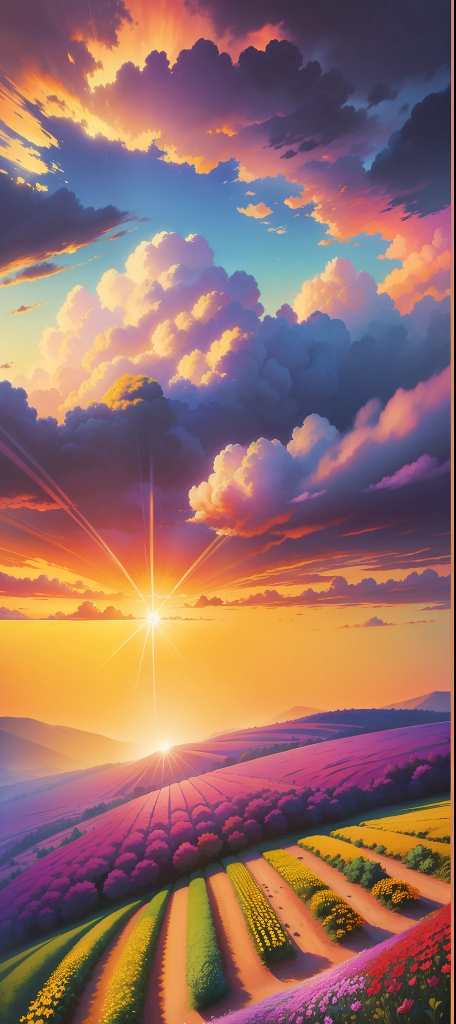 With huge flowers, flower fields hills, large trees, dramatic sunrise light, impressionist painting, colorful clouds, digital painting, pointillism, art station, 8K