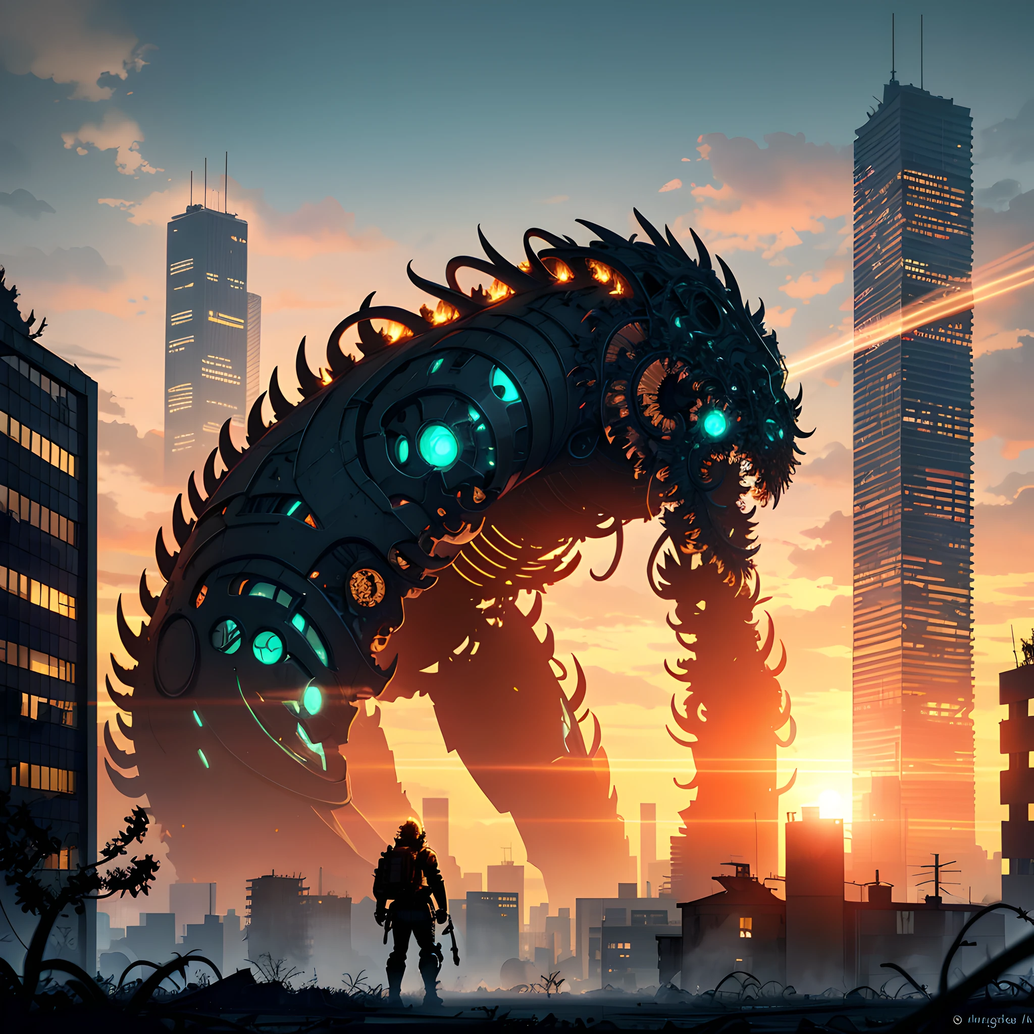 (silhouette), glowing, dead buildings, huge monster, ((colossal broken cyborg)), ruins, broken, (destroyed cyborg, leaves, tentacles, monster, horrible creature), ((mechanical)), (worm), mystical abomination , broken buildings, orange sky, clouds, smoke, vines, foliage around buildings, huge vines, leaves, post-apocalypse, ruins, light flare, sun flare, lens flare, light particles