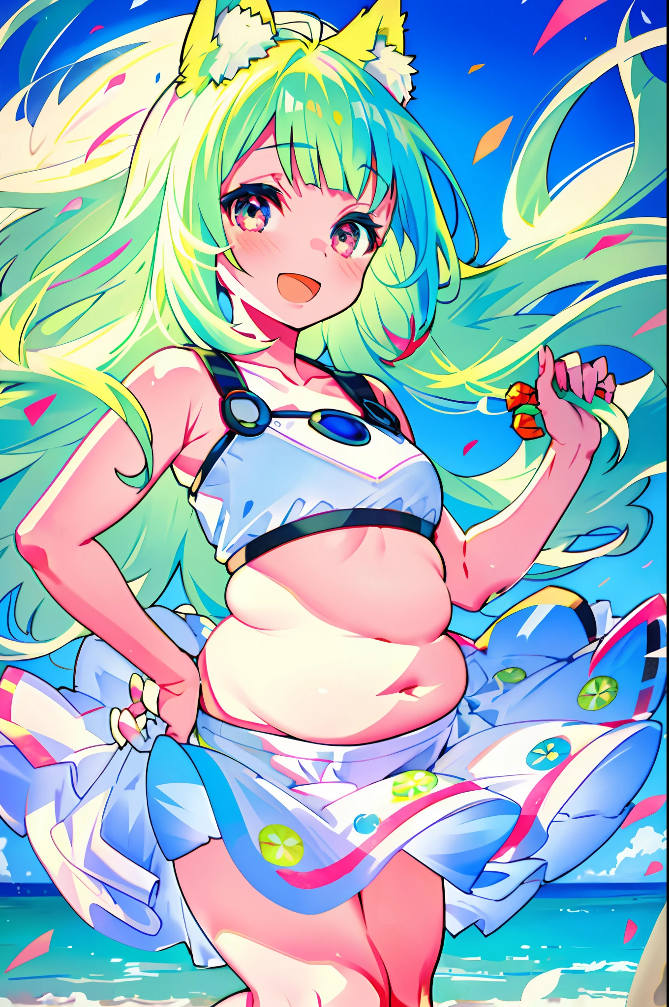 mika pikazo, 1girl, chubby cheek, multicolored hair, green hair, white hair,blue background, blue sky, Beach background, colorful, red particle, white flower petal, white dress, frilly dress , floating hair, light blush, light particles, long hair, open mouth, pink eyes, multicolored eyes, portrait, signature, smile, solo,fox ears, Chubby, plump, chubby belly, plump belly, small chest, exposed navel