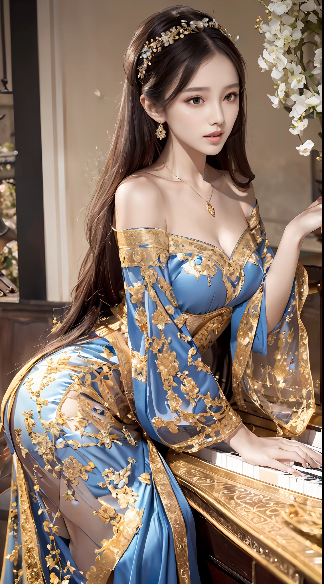 A beautiful girl, literary, beautiful and elegant, with slender eyebrows and clear eyes. Ruddy lips, soft skin, bandeau dress with gold edges, antique long-sleeved dress, stroking posture and waiting posture. The blue sky and the quiet courtyard (literary and elegant, antique, long-sleeved dresses, piano posture), full body close-up