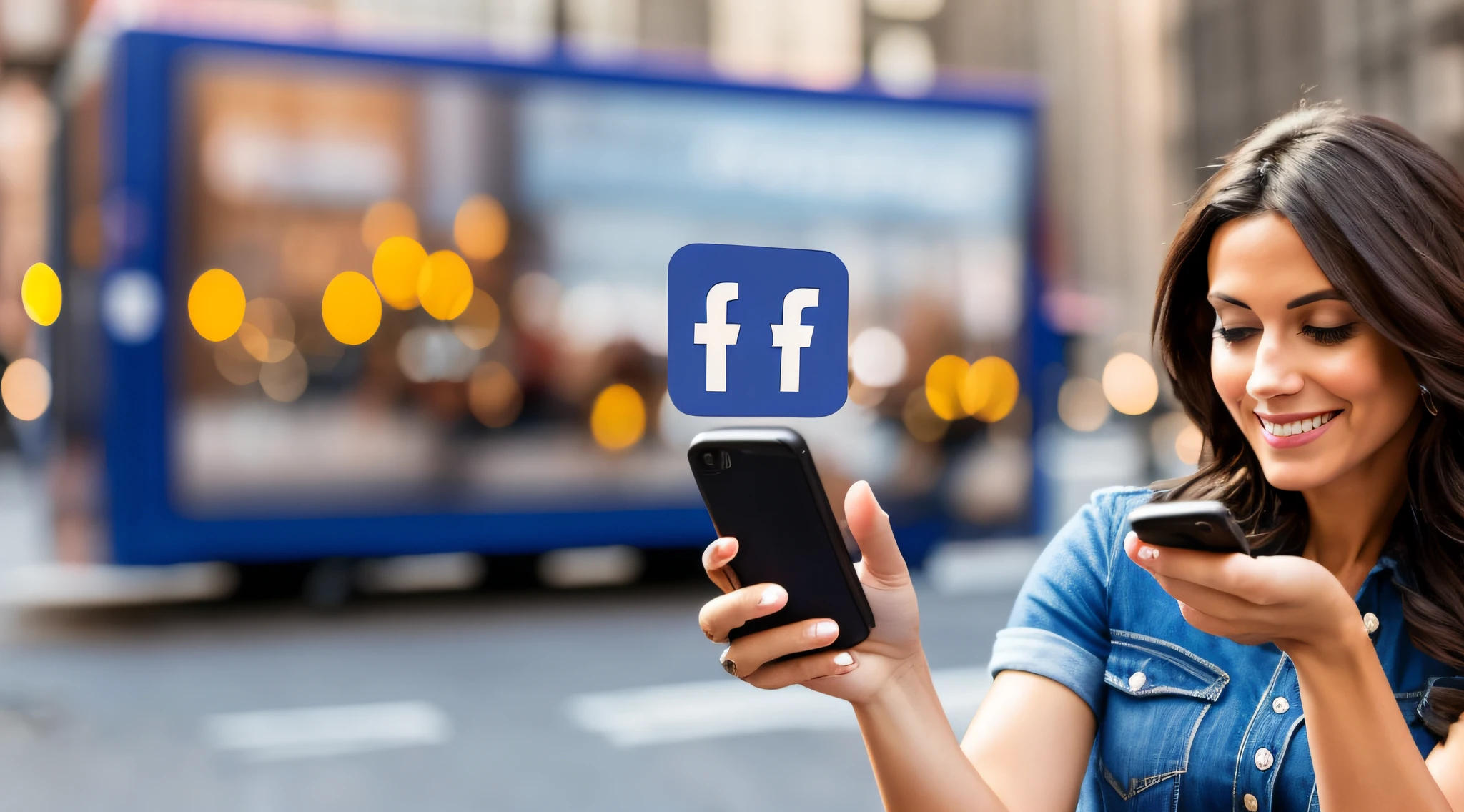 Creates an image with a background in New York City, create a second image as it were a social network ad facebook, a beautiful brunette woman, age 30 years, realistic, holding a cell phone in her hands, and on the cell phone appearing a facebook ads ad. --auto --s2