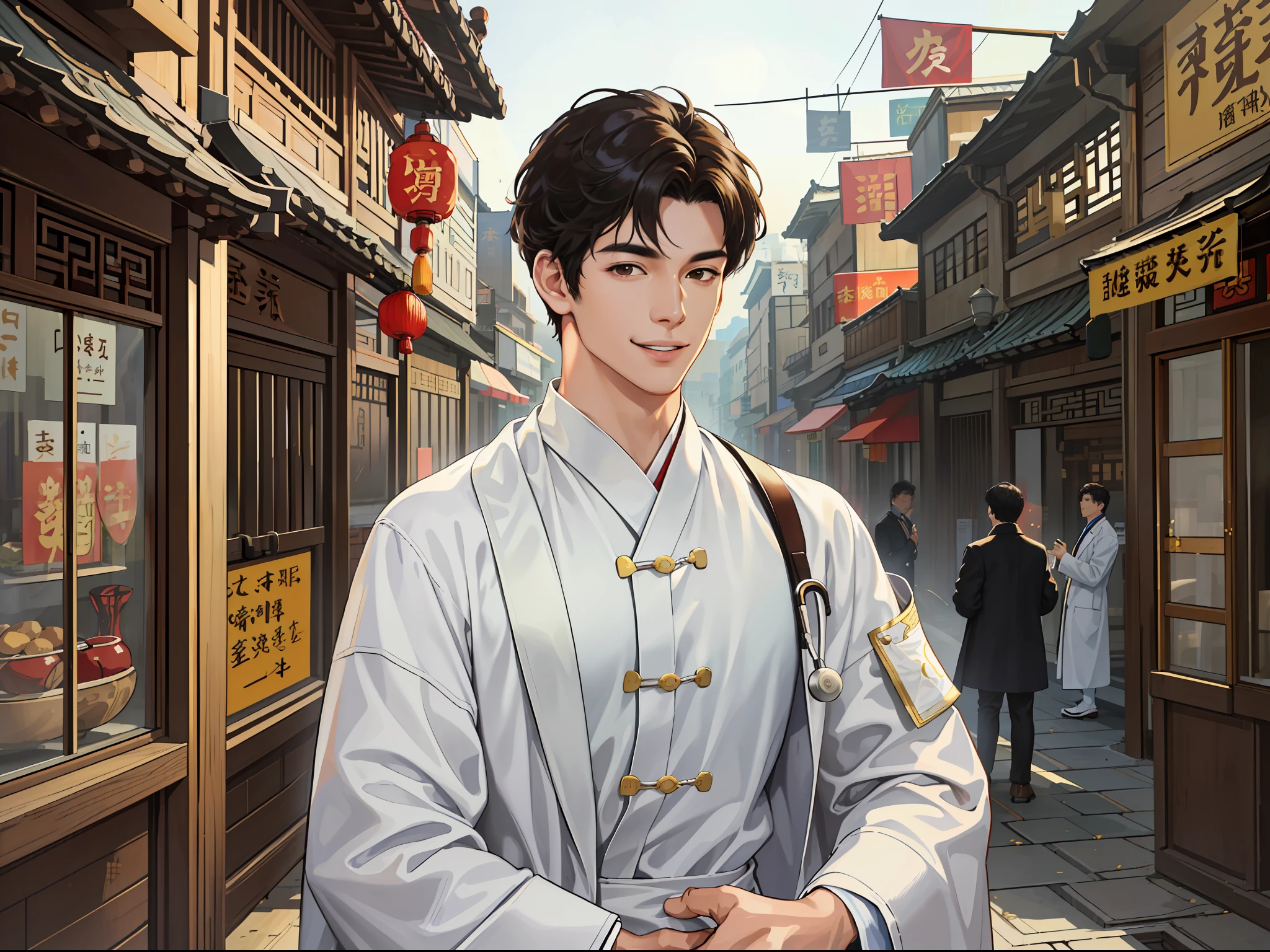 (ridiculous, high resolution, super detailed, realistic,), 1 male, soloist, 20 years old, sunny handsome, happy, shy smile, extremely short hair, black hair, brown eyes, thick eyebrows, popular with thousands of people, doctor, white robe, white coat, Chinese Qing dynasty street scene, HD photo.