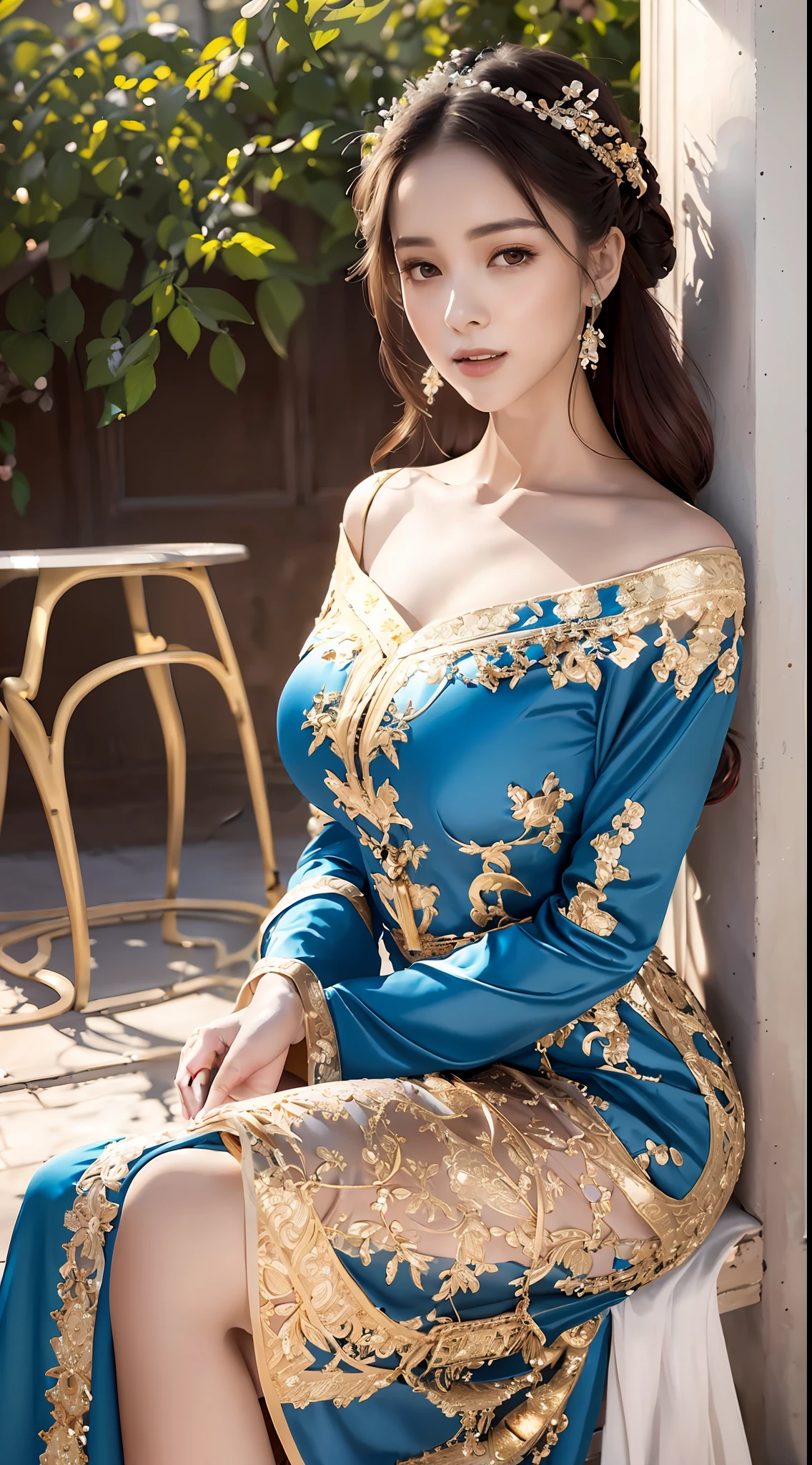 A beautiful girl, literary, beautiful and elegant, with slender eyebrows and clear eyes. Ruddy lips, soft skin, bandeau dress with gold edges, antique long-sleeved dress, stroking posture and waiting posture. The blue sky and the quiet courtyard (literary and elegant, antique, long-sleeved dresses, piano posture), full body close-up