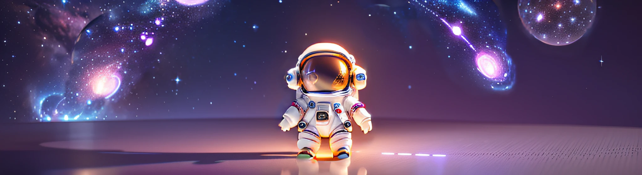 Super cute girl full body 3D picture, 1pc, good looking eyes, big eyes, cute, happy, c4d, pop matt blind box, white long hair, glowing bubbles, toys, solid color background, chibi, fluorescent translucency, luminous body, kawaii, doll, (((astronaut, spacesuit))), reference table, pop mart blind box, Pixar, complex details, 3d rendering, blender, OC renderer, fol body reference sheet, dribble, high details, 8k, studio lighting, , petite, child, chibi, standard definition characters: 1.1, ((magical outer space star background)),