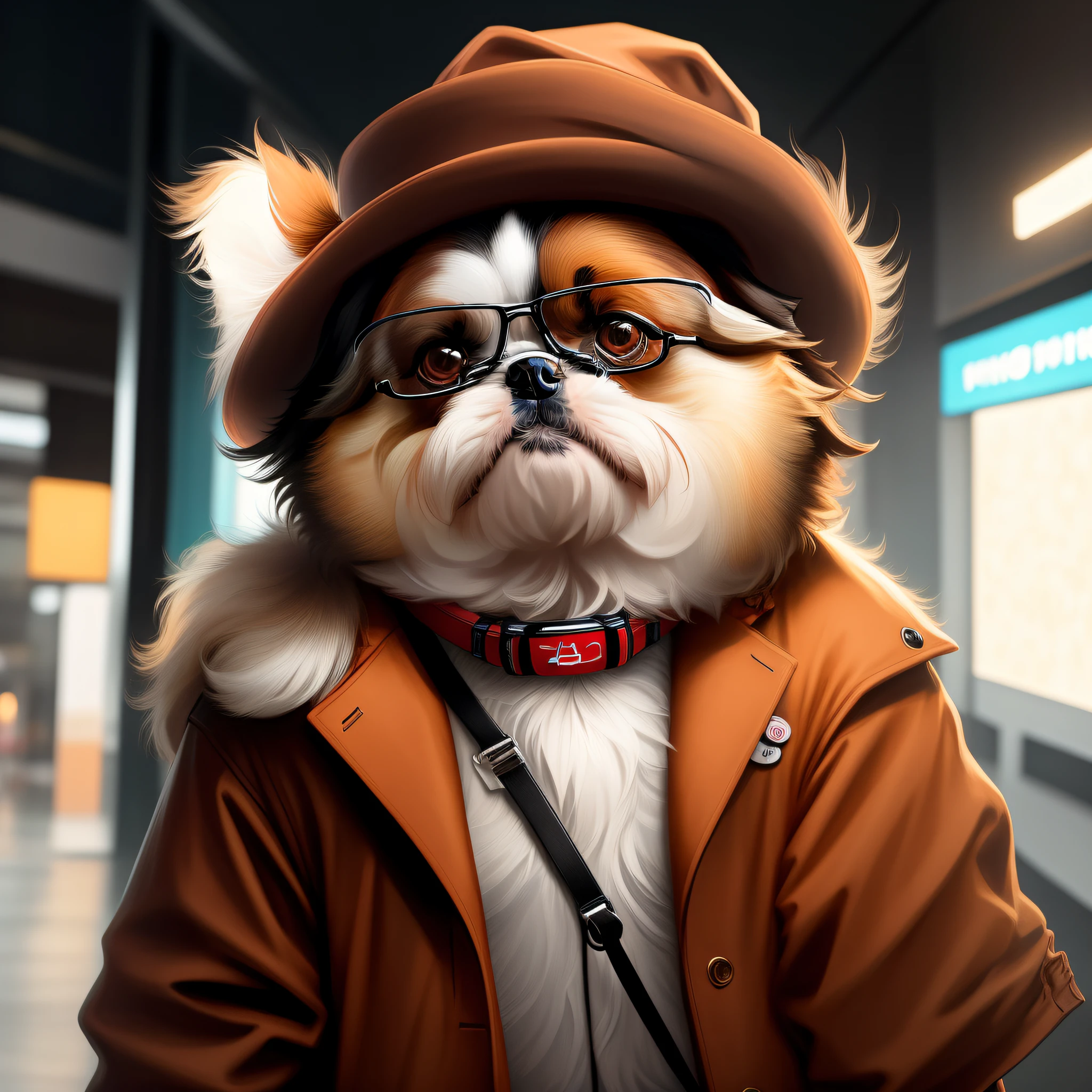 photo, shih-tzu, a portrait photo of [man:dog:2] humanoid in clothes, face, 8k uhd, dslr, soft lighting, high quality, film grain, Fujifilm XT3, hat, headphones, glasses